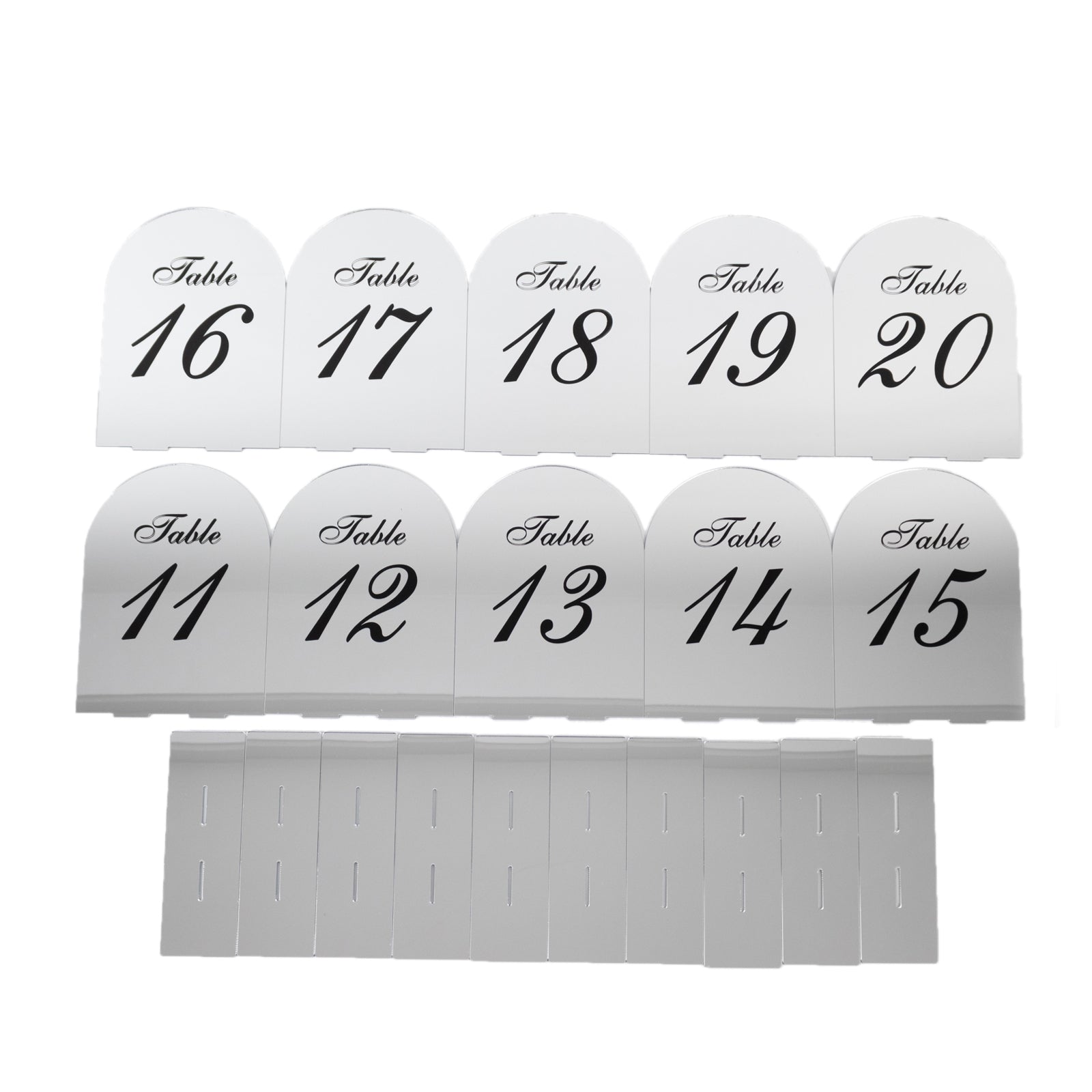 Silver Mirror Arch Acrylic Table Numbers (11-20) - 6x7 Wedding Reception Signs with Black Print & Stands