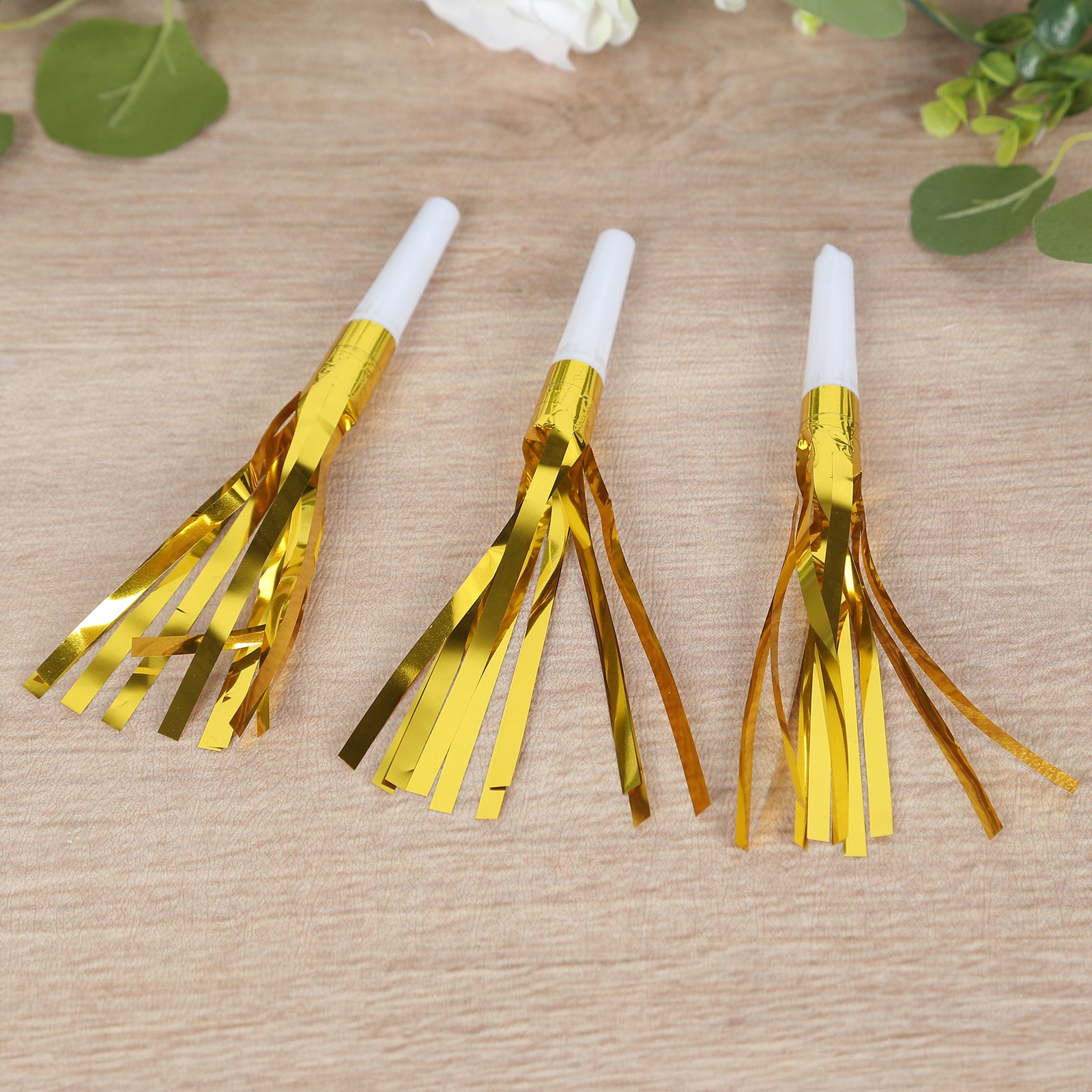 24 Pack Party Horn Noisemakers with Tassels - 7 Gold Metallic Fringed Blowouts for Events and Gatherings - Plastic & Foil Design