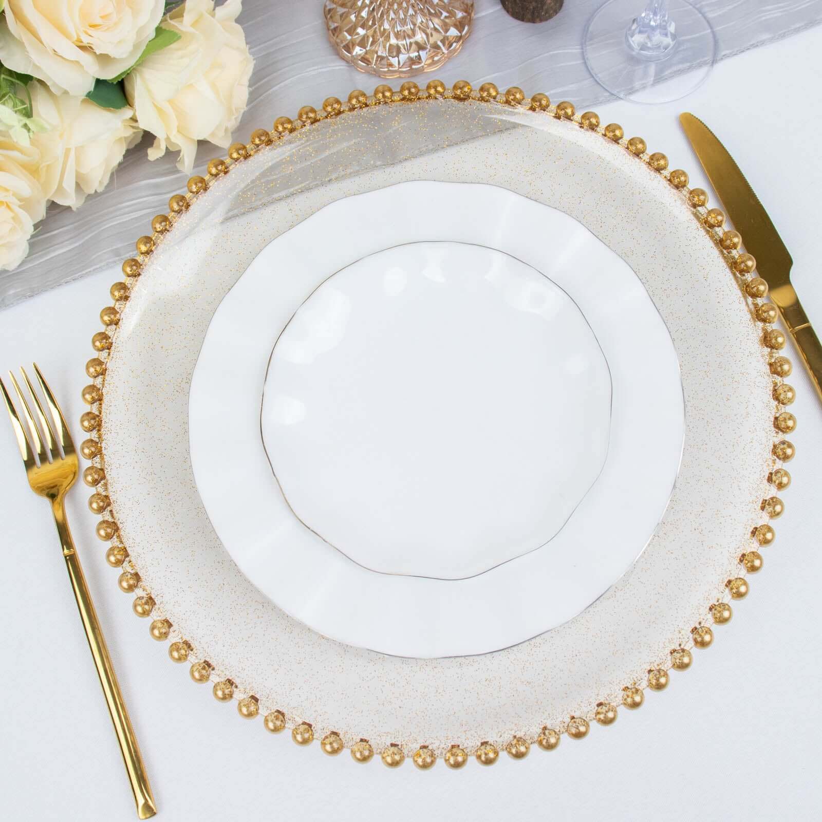 6-Pack Acrylic Round Charger Plates 13 in Clear Gold Glittered with Beaded Rim, Decorative Dinner Party Serving Plates