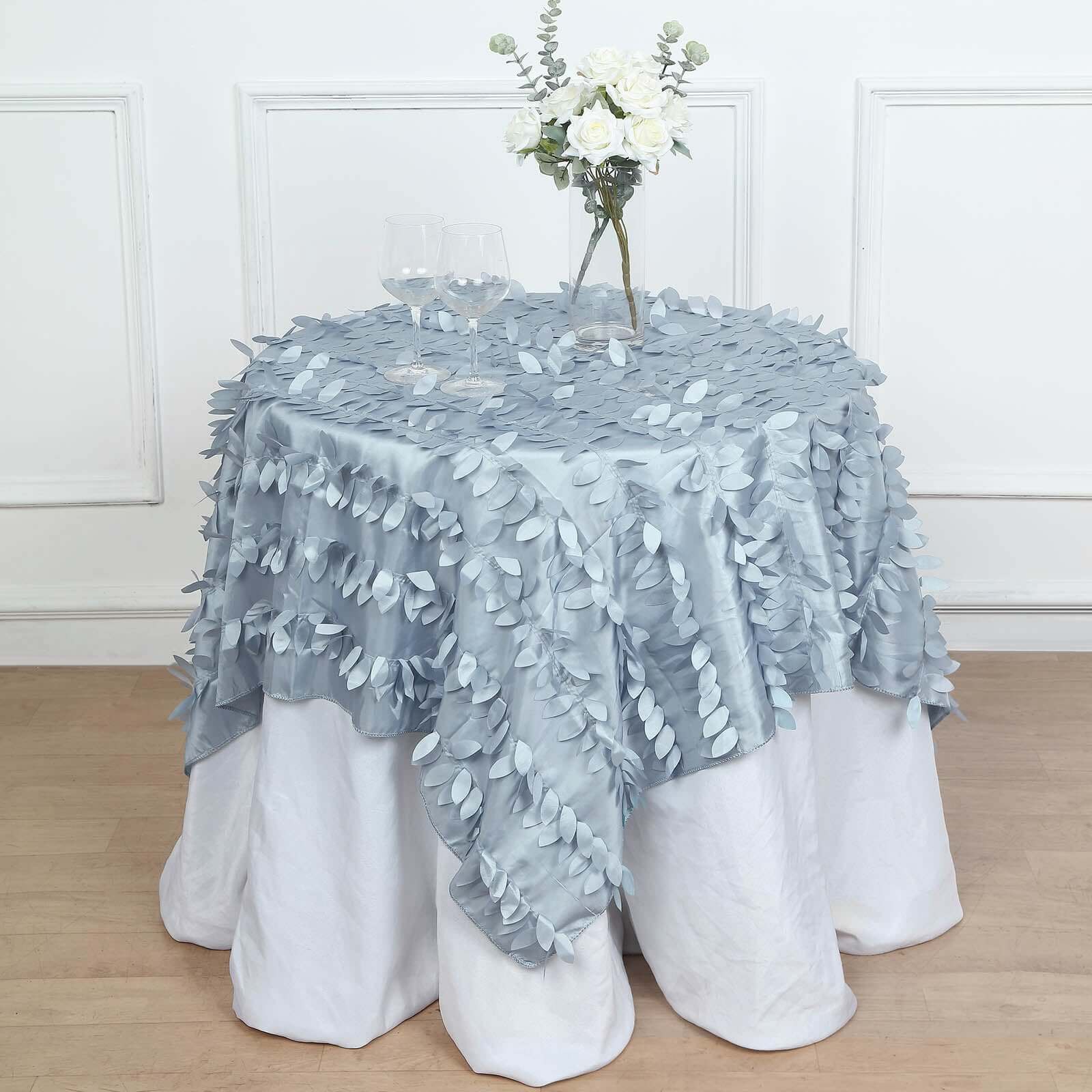 Taffeta 54x54 Table Overlay Square Tablecloth Dusty Blue 3D Leaf Petal Table Cover