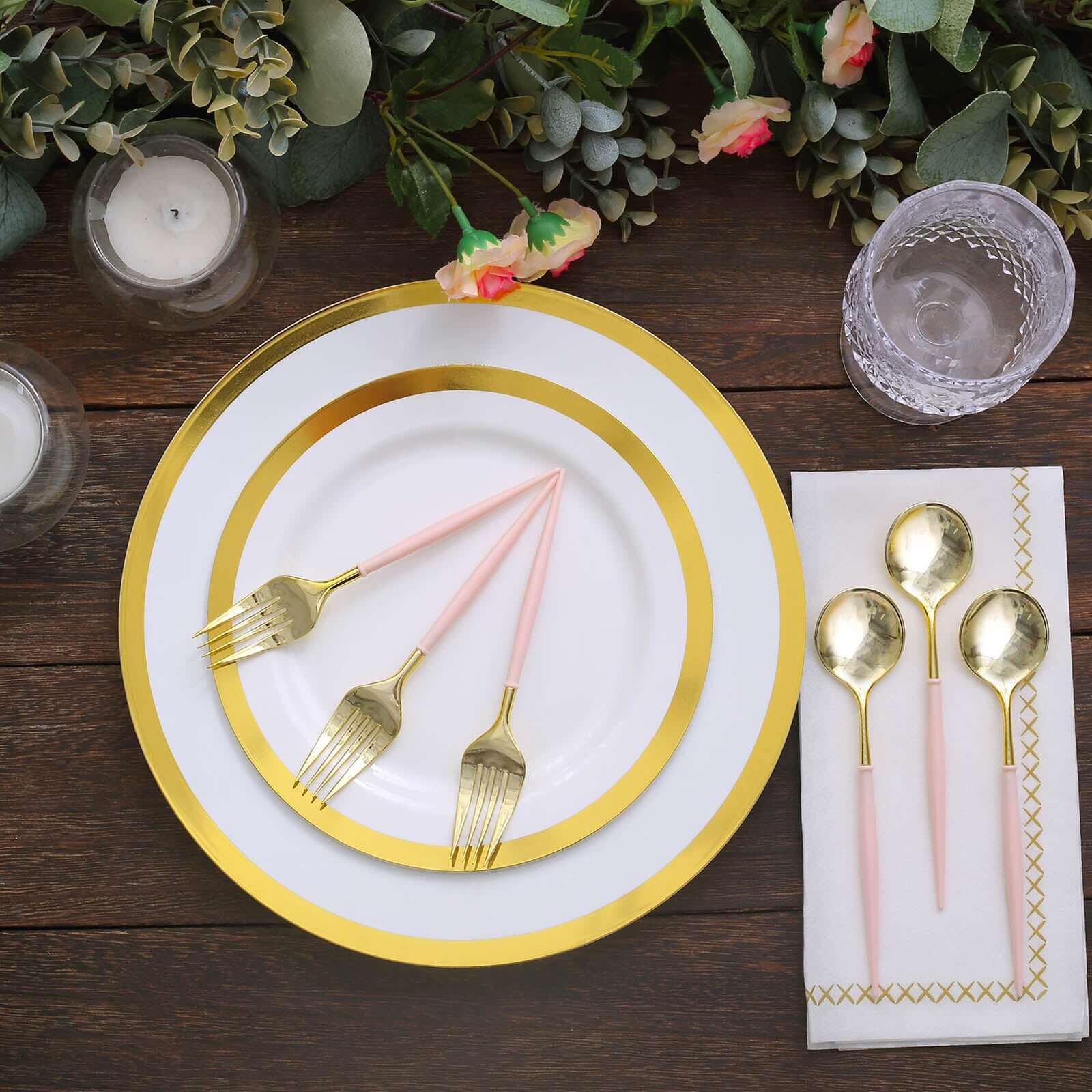 24-Pack Plastic Fork and Spoon Set Gold/Rose Gold - Heavy Duty Disposable Modern Utensils 6