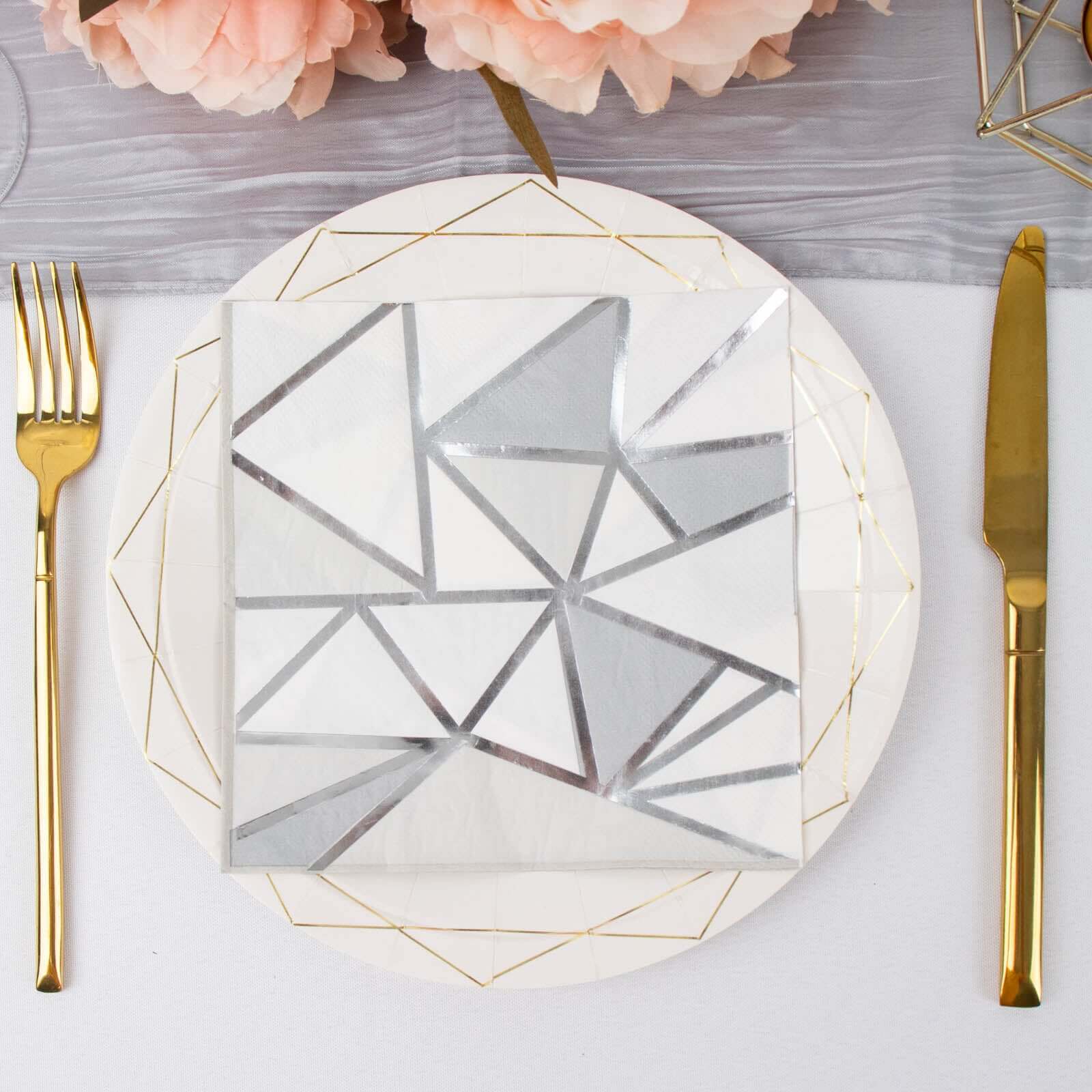 20-Pack Paper Party Napkins with Geometric Silver Foil Print - 2 Ply Soft Disposable Beverage Napkins for Weddings 6.5x6.5