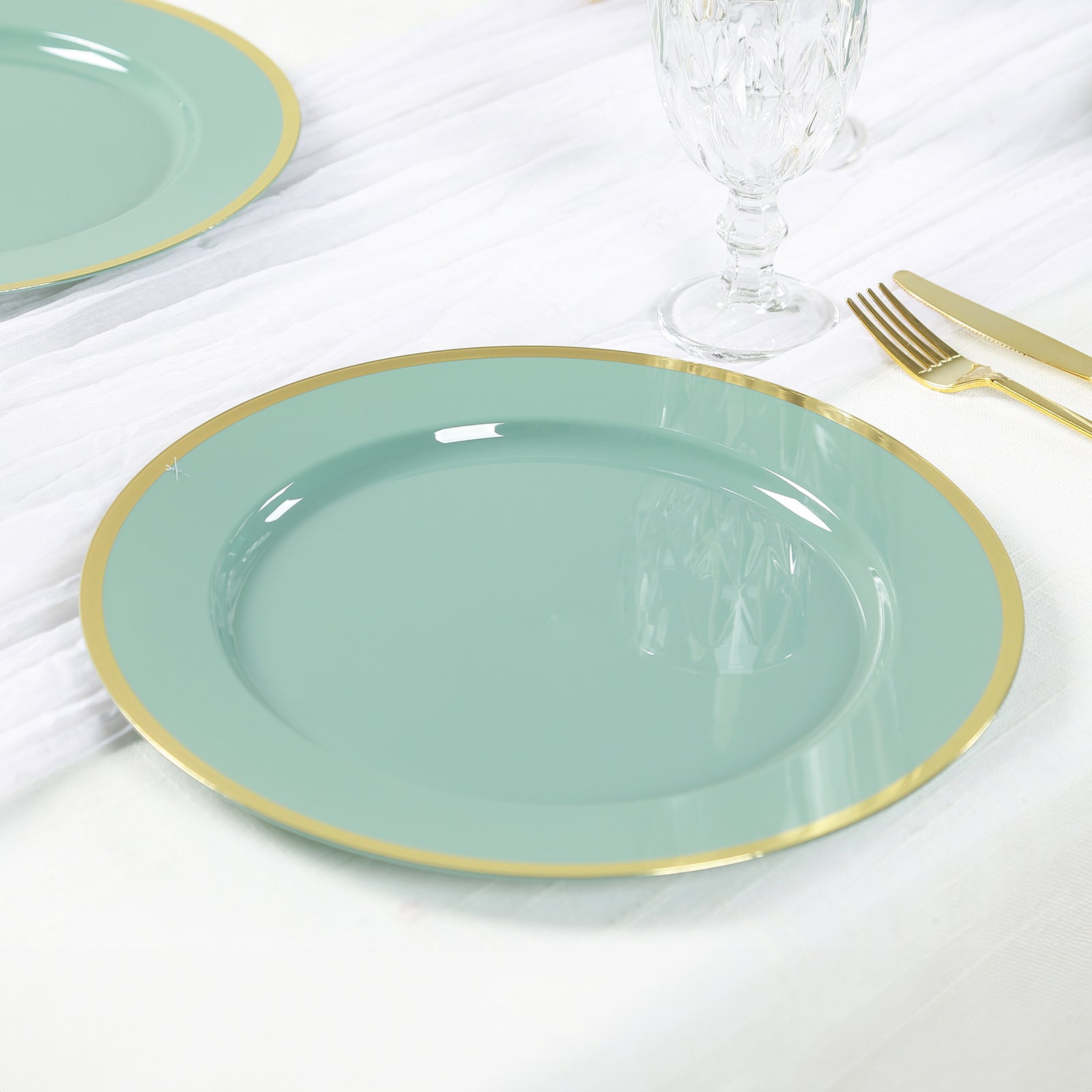 10-Pack Economy Plastic Round Charger Plates 12 in Dusty Sage Green with Wide Gold Rim, Decorative Dinner Party Serving Plates