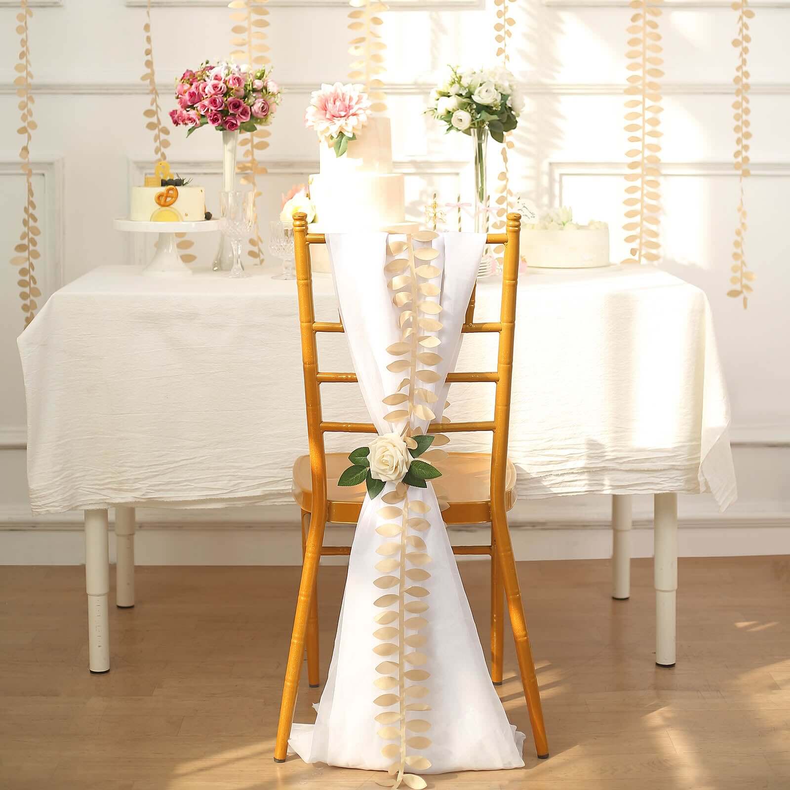 Taffeta Ribbon Sash with 4 Leaf Petal Design Champagne 50ft - Sophisticated Artificial Fabric Garland