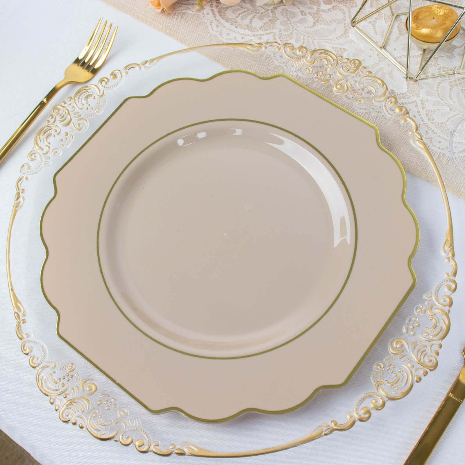 10-Pack Plastic Dinner Plates in Taupe Baroque Design with Scalloped Gold Rim - Heavy Duty Disposable Party Plates 11