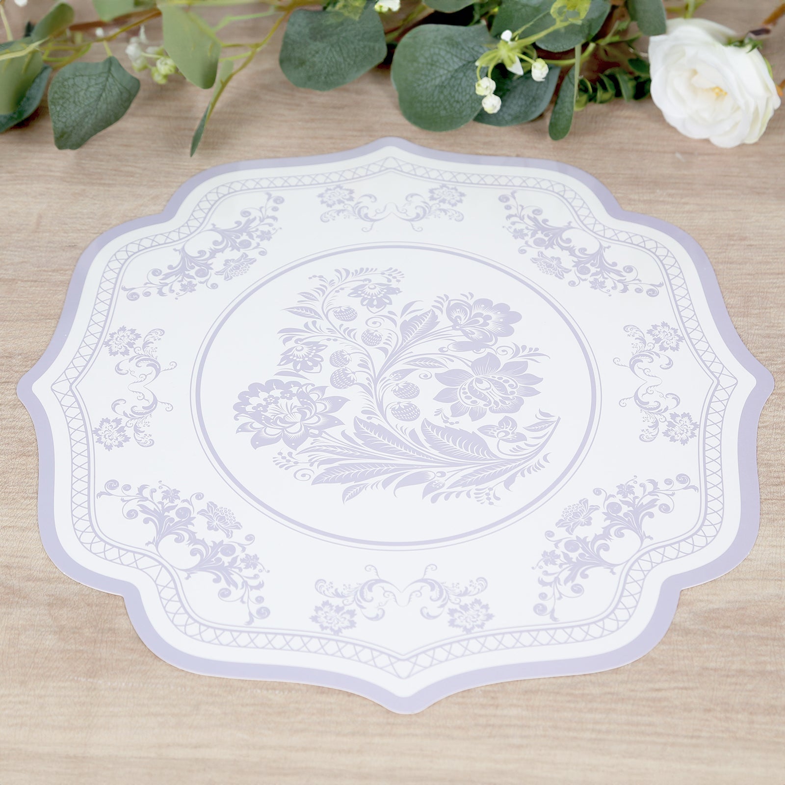 10-Pack Disposable Table Placemats 13 Round Placemats in White with Lavender French Toile Pattern & Scalloped Rim - 400GSM Cardboard Placemats for Stylish Table Setting