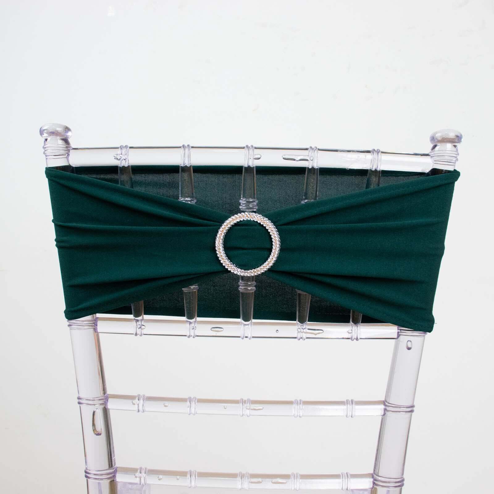 5 Pack Stretch Spandex Chair Sashes Hunter Emerald Green - Reusable Chair Bands with Silver Diamond Ring Slide Buckle 5x14