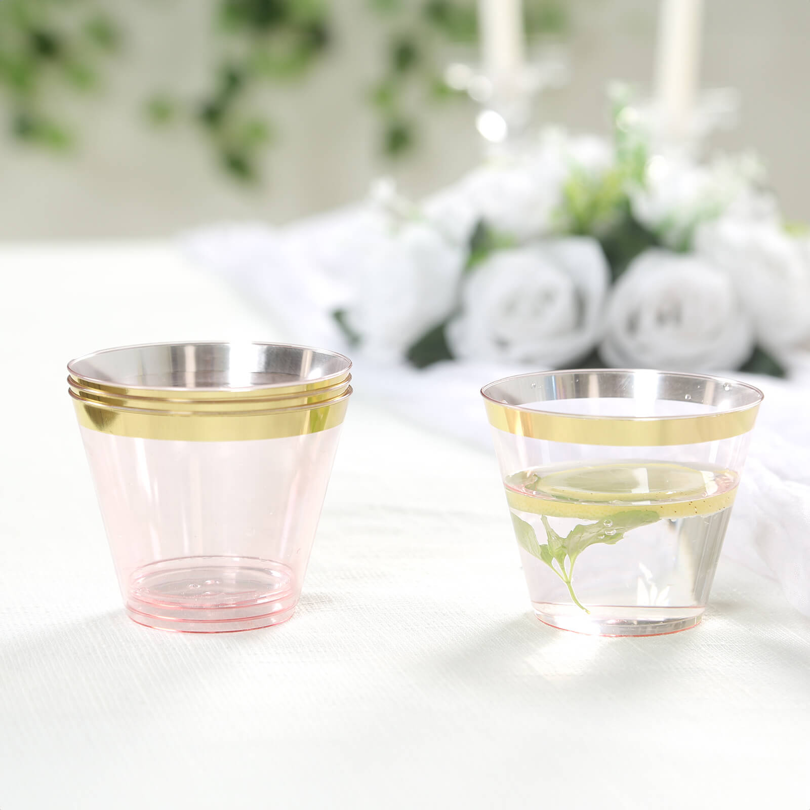 25-Pack Plastic Party Cups Transparent Blush Crystal with Gold Rim - Stylish Short Disposable Glasses 9oz