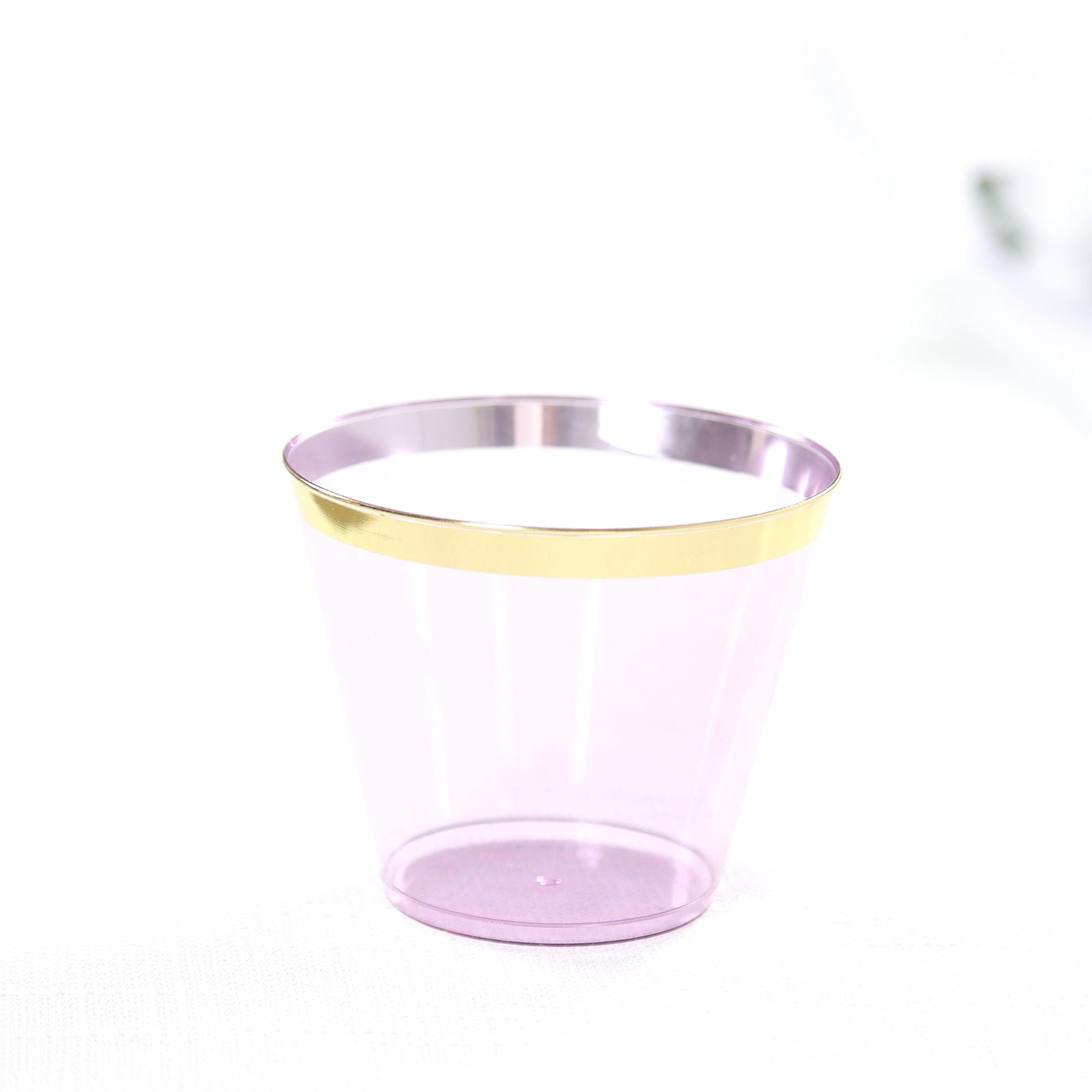 25-Pack Plastic Party Cups Transparent Purple Crystal with Gold Rim - Stylish Short Disposable Glasses 9oz