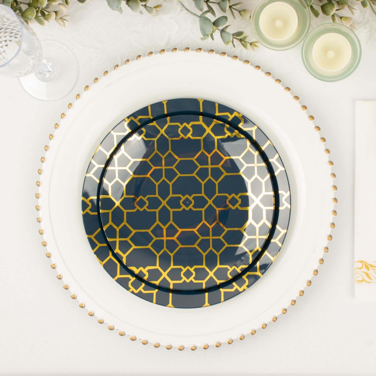 20-Pack Set Plastic Round Dinner and Salad Plates in Navy Blue with Geometric Gold Print - Modern Disposable Dinnerware Set for Weddings & Celebrations 9, 7