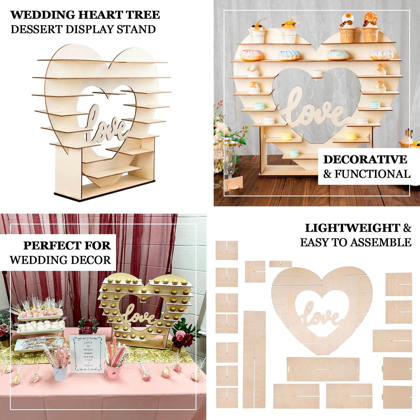 8-Layer Wooden Dessert Display Stand Heart Shaped Double Sided Design Natural - Love Cupcake Shelf Table Rack 26