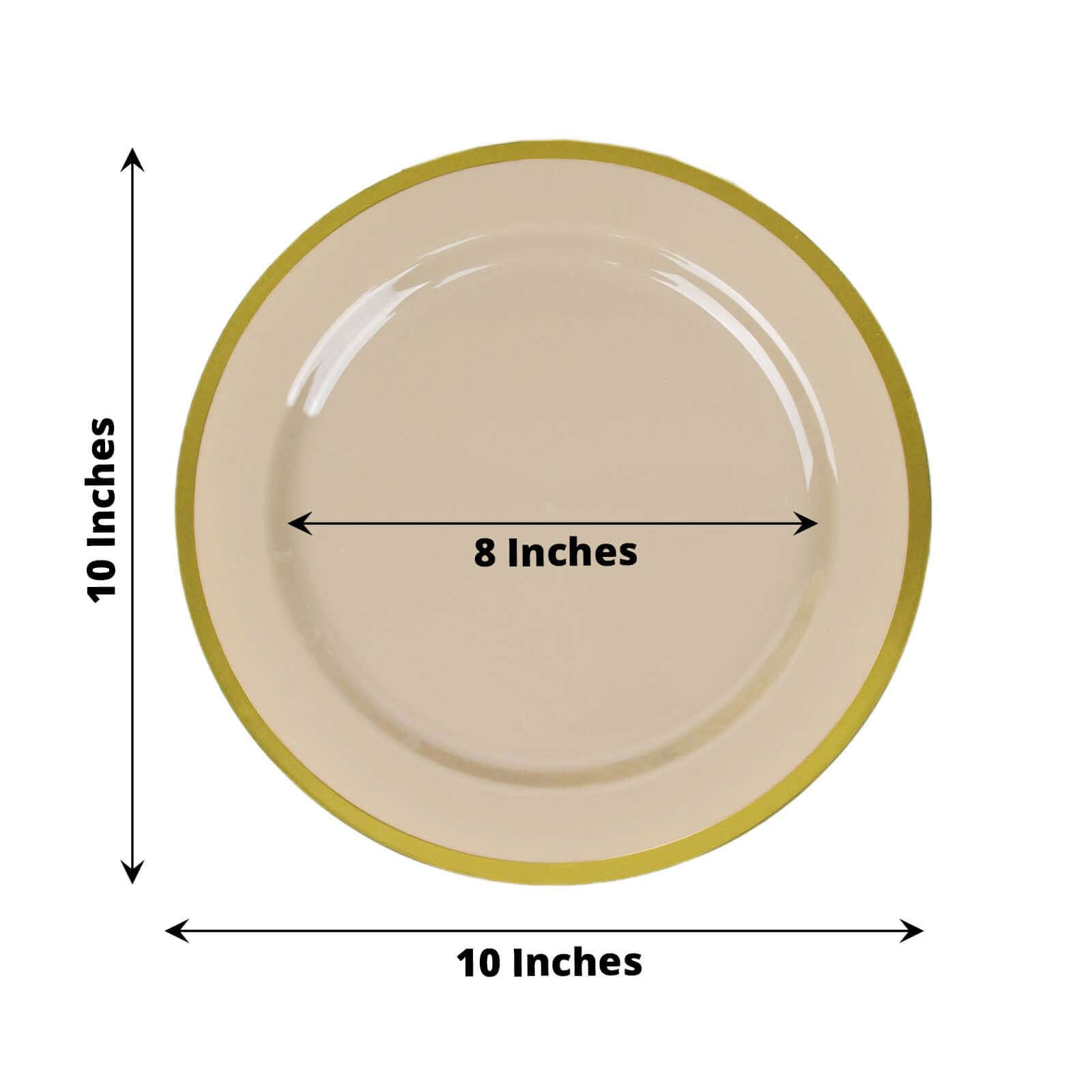 10-Pack Plastic 10 Round Dinner Plates in Taupe with Gold Rim - Disposable Party Plates for Classy Banquets & Special Occasions