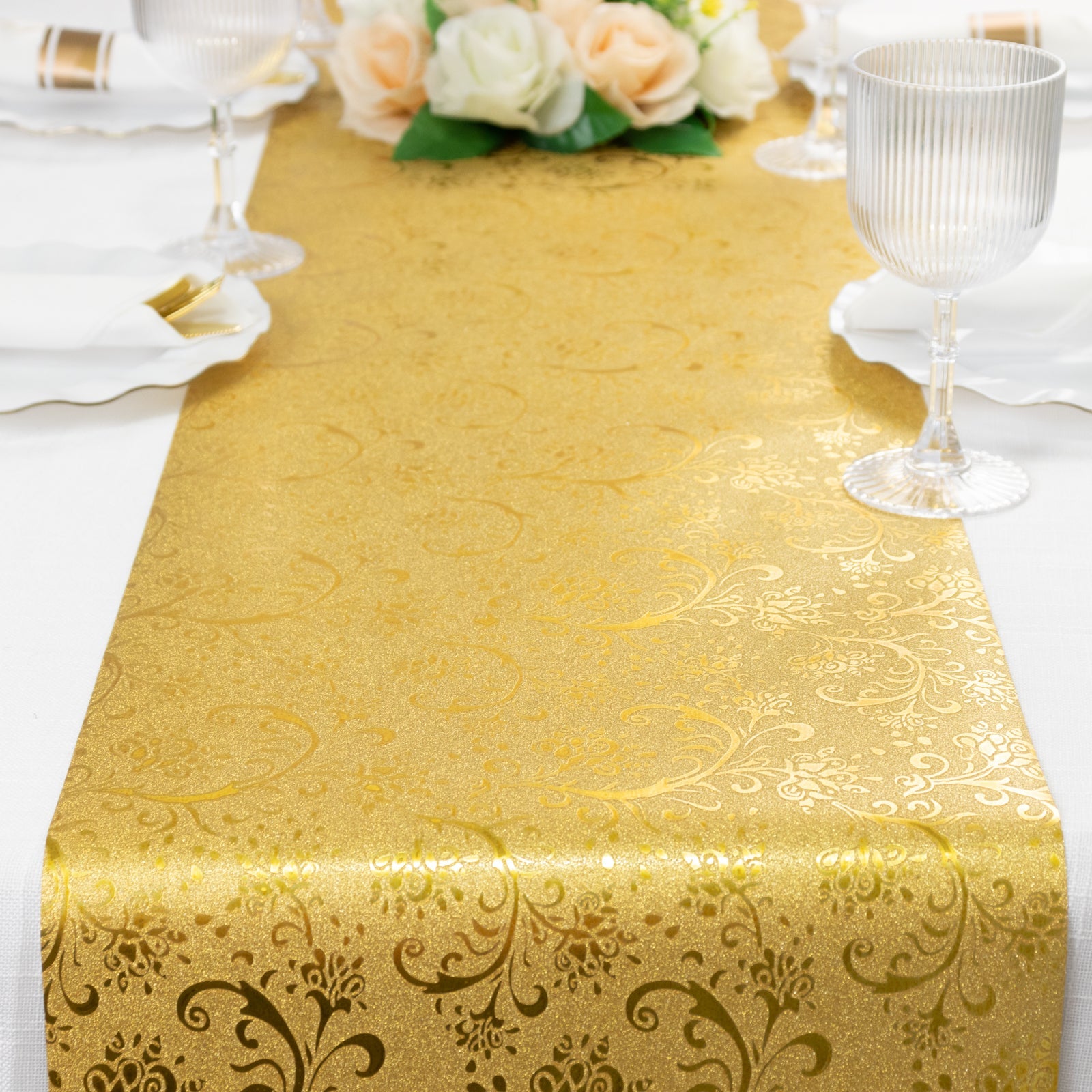 5 Pack Gold Glitter Paper Table Runners with Vintage Floral Vine Pattern - 10ft Disposable Wedding & Party Table Runners