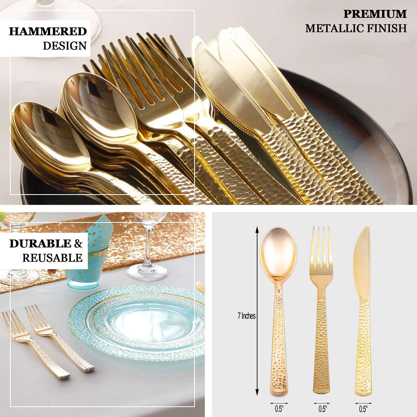 24-Pack Plastic Silverware Set with Hammered Design Gold - Heavy Duty Disposable Utensils 7