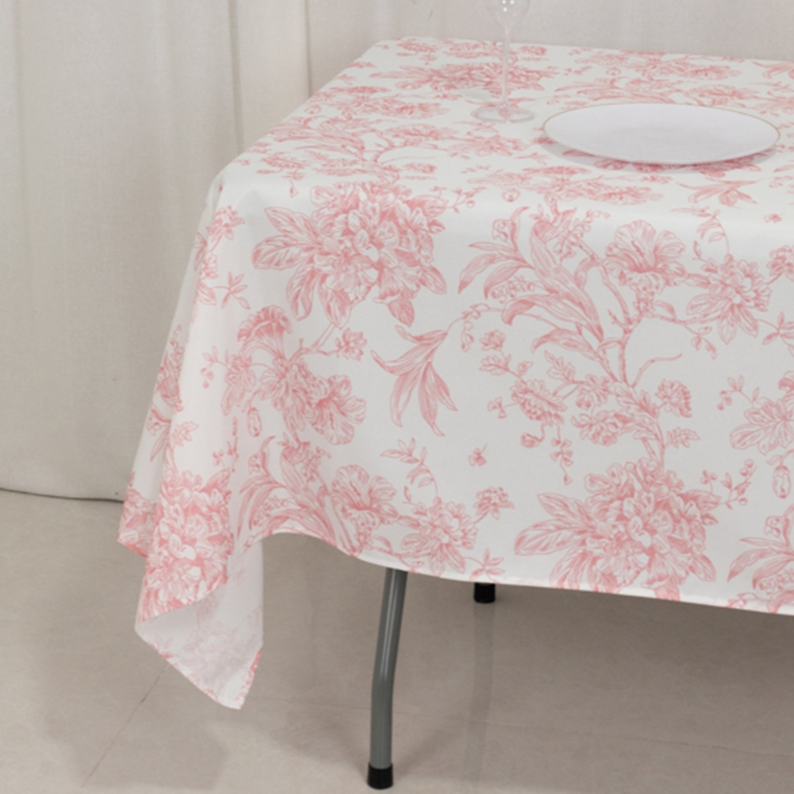 Polyester 60x102 Rectangle Tablecloth White - Pink French Toile Pattern for Modern Occasions
