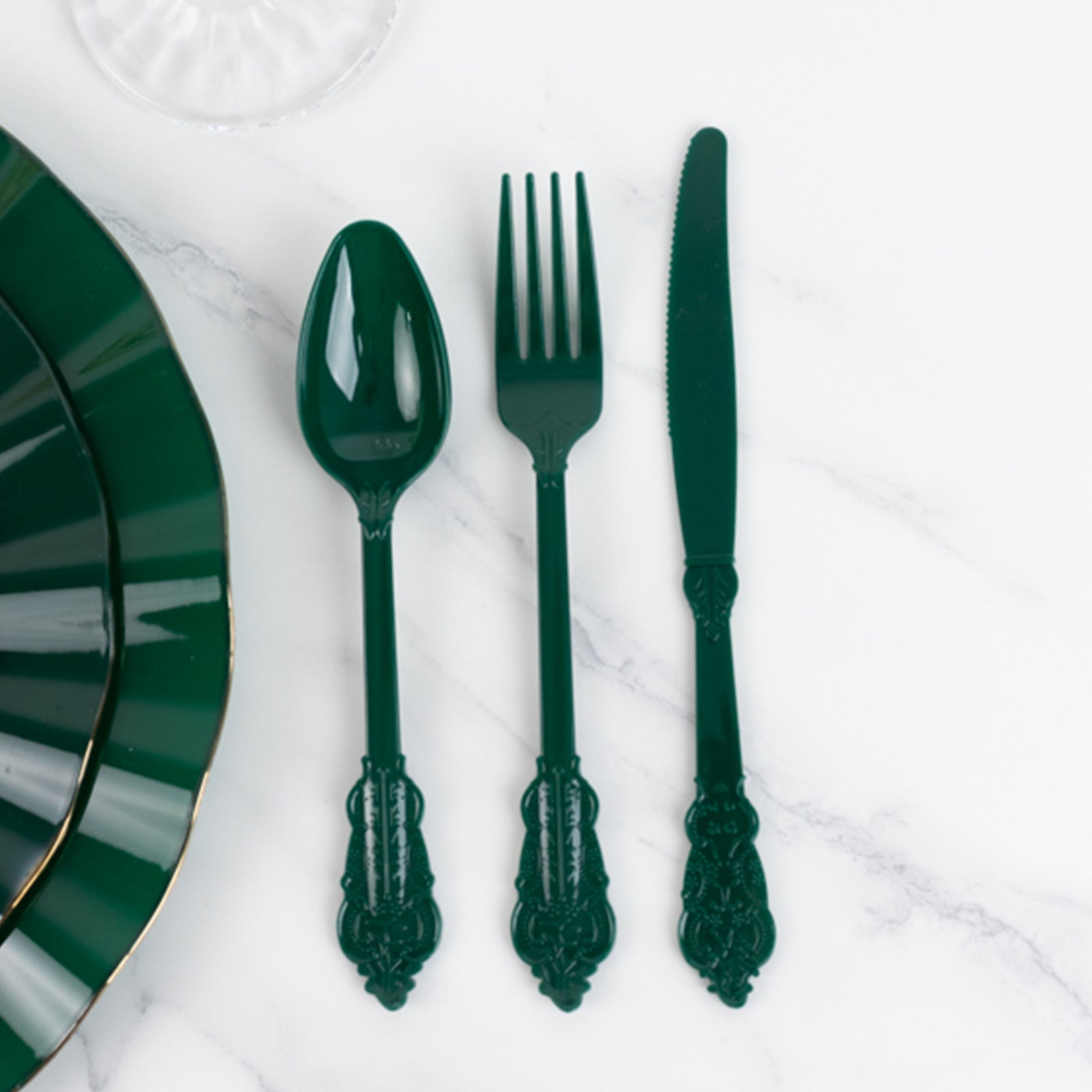 72 Pcs Plastic Silverware Set in Baroque Style Hunter Emerald Green - Heavy Duty Disposable Knife, Fork, and Spoon Set