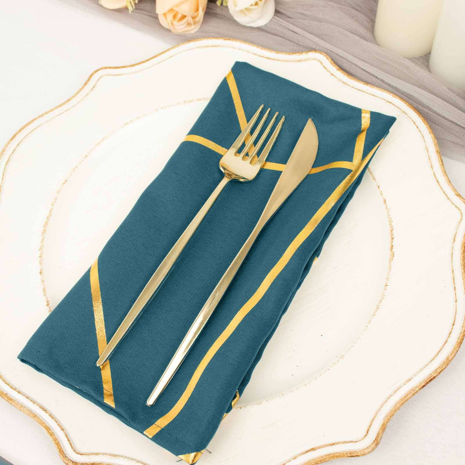 5 Pack Polyester 20x20 Napkins Peacock Teal with Gold Geometric Foil Pattern - Modern Reusable Dinner Napkins