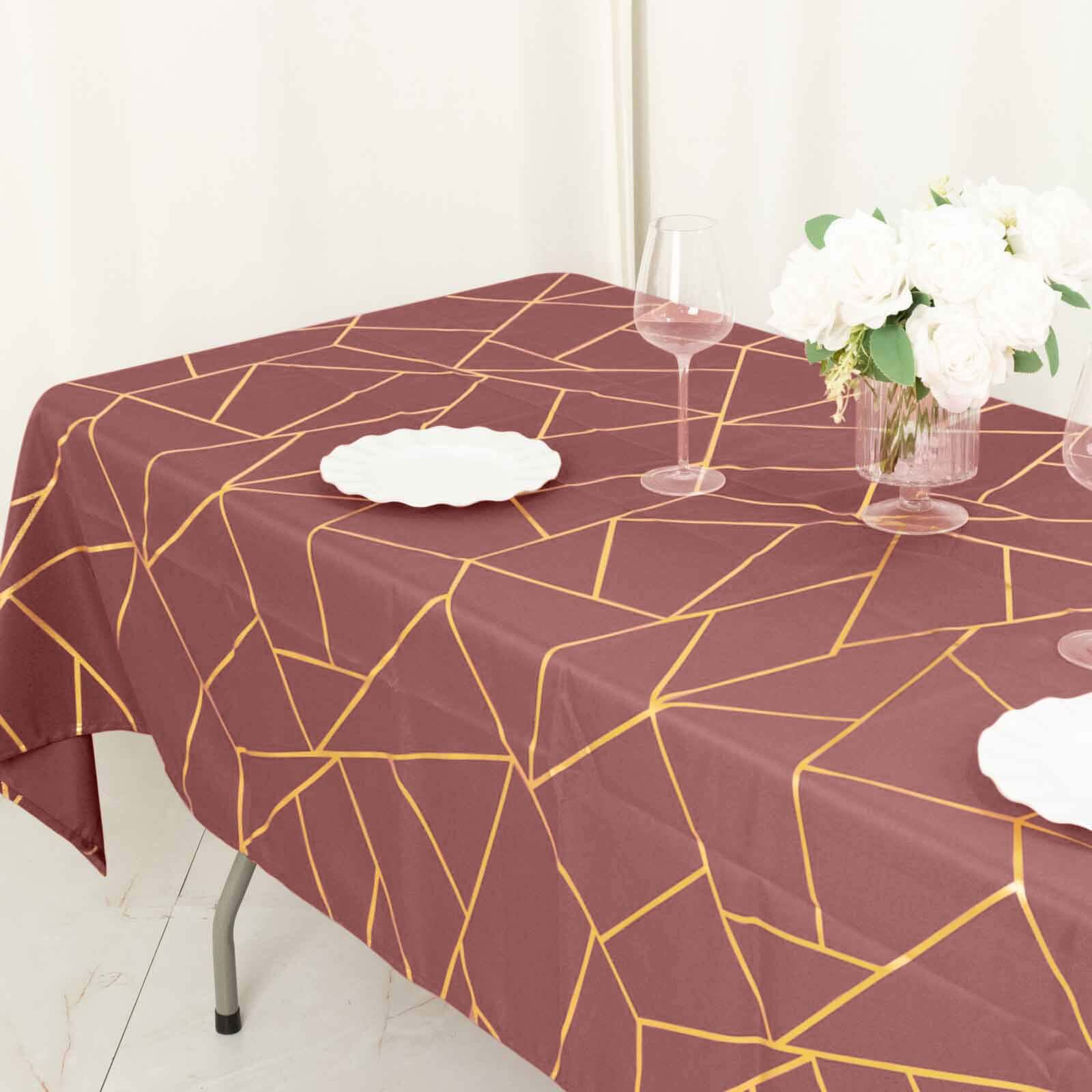 Polyester 60x102 Rectangle Tablecloth Cinnamon Rose with Gold Foil Geometric Pattern - Wrinkle-Resistant & Durable Table Cover