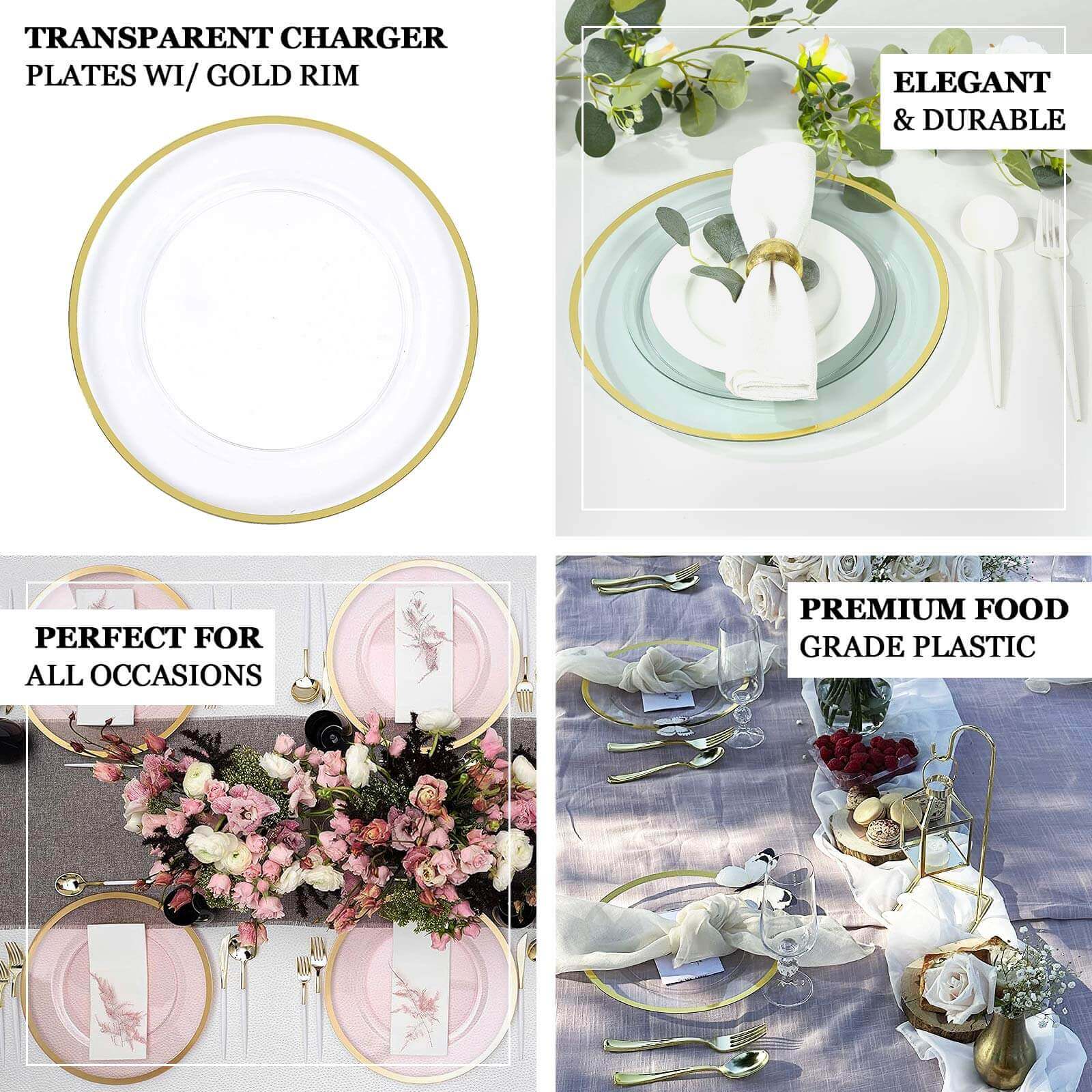 10-Pack Economy Plastic Round Charger Plates 12 in Blush with Wide Gold Rim, Decorative Dinner Party Serving Plates