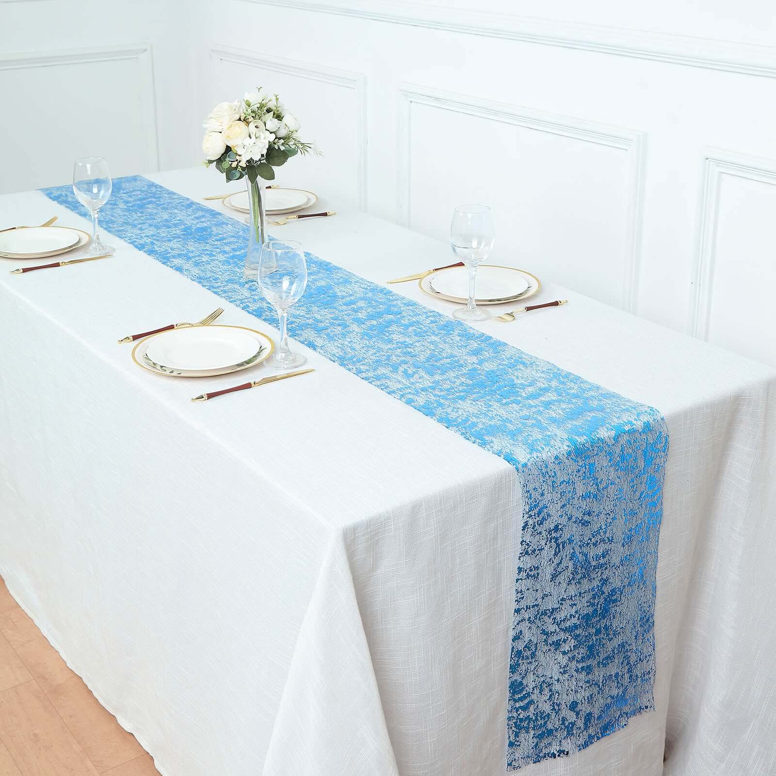 Mesh Polyester 108 Table Runner Roll Metallic Royal Blue - Distressed Foil Look Disposable Table Decor