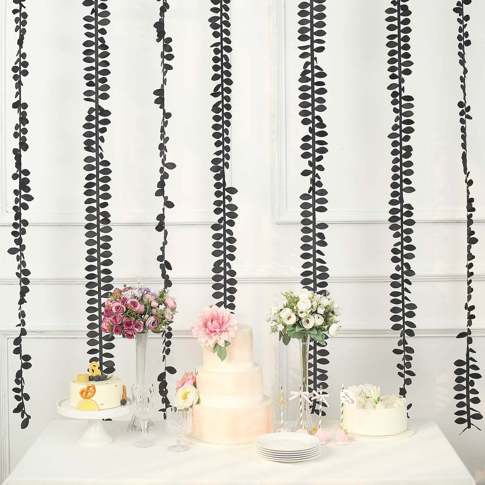 Taffeta Ribbon Sash with 4 Leaf Petal Design Black 50ft - Sophisticated Artificial Fabric Garland for Events