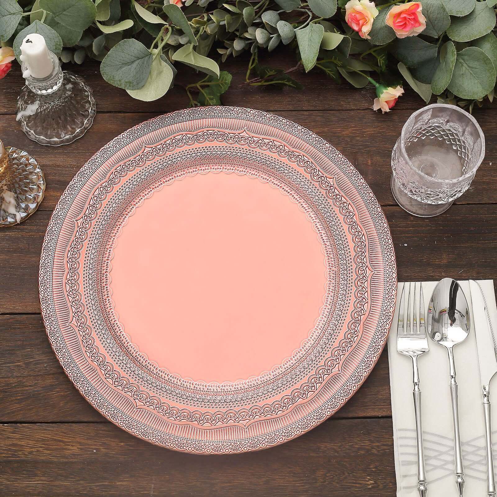 6-Pack Acrylic Round Charger Plates 13 in Rose Gold with Lace Embossed Rim, Rustic Plastic Decorative Charger Tableware