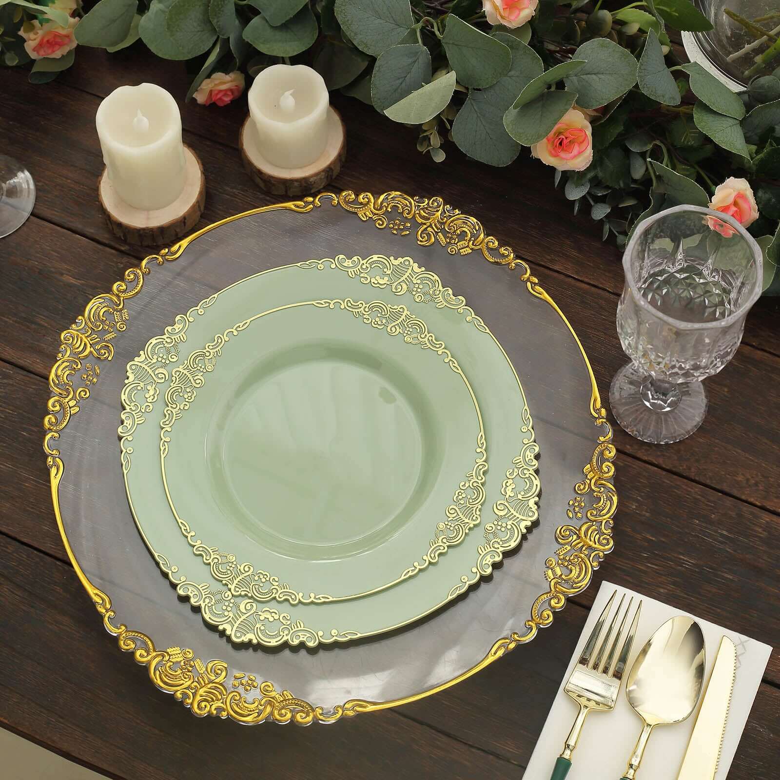 10-Pack Plastic 8 Round Dessert Plates in Sage Green with Gold Leaf Embossed Rim - Disposable Vintage Baroque Style Salad Plates