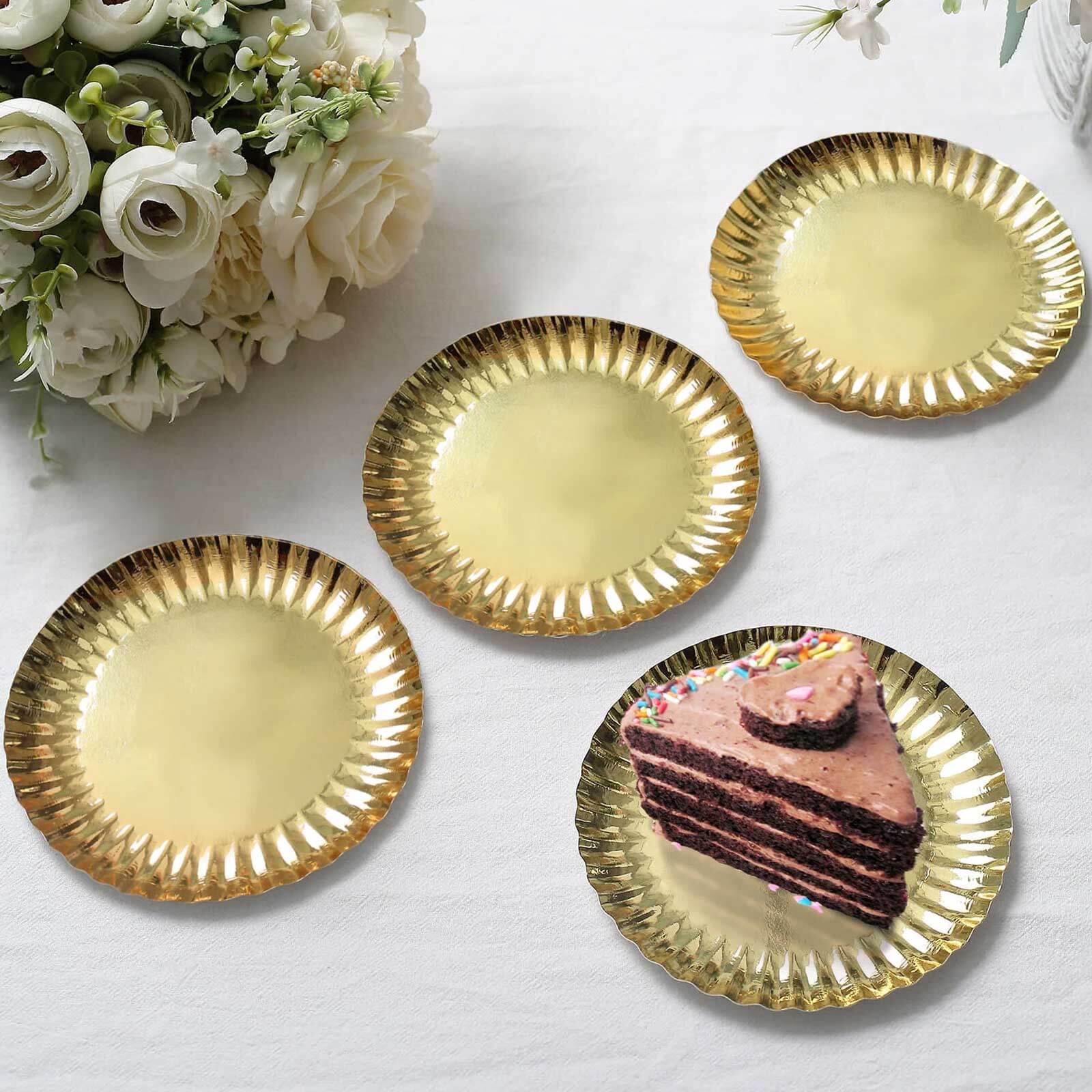 50-Pack Paper 5 Round Dessert Plates in Metallic Gold with Scalloped Rim - Disposable 250GSM Appetizer Party Plates for Banquets & Upscale Gatherings