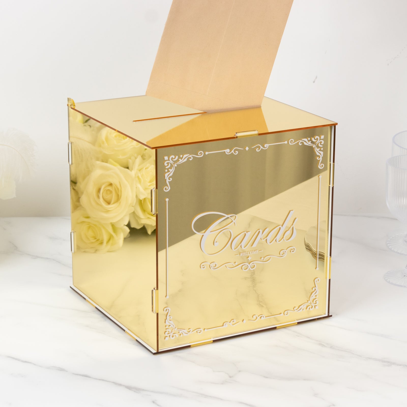 10 Gold Mirror Acrylic Wedding Card Box with Slot - Wishing Well Money Box for Reception, Graduation, and Events