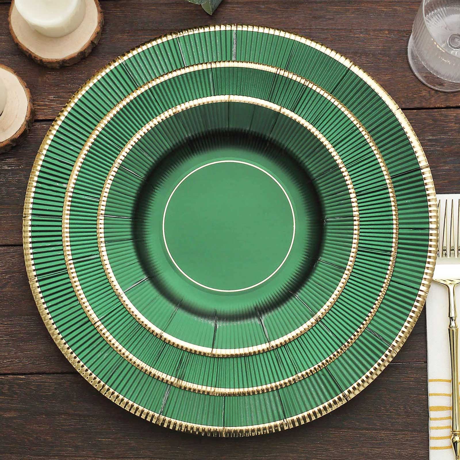 25-Pack Paper 8 Round Dessert Plates in Hunter Emerald Green Sunray Design with Gold Rim - Disposable Heavy Duty 350GSM Appetizer Salad Plates