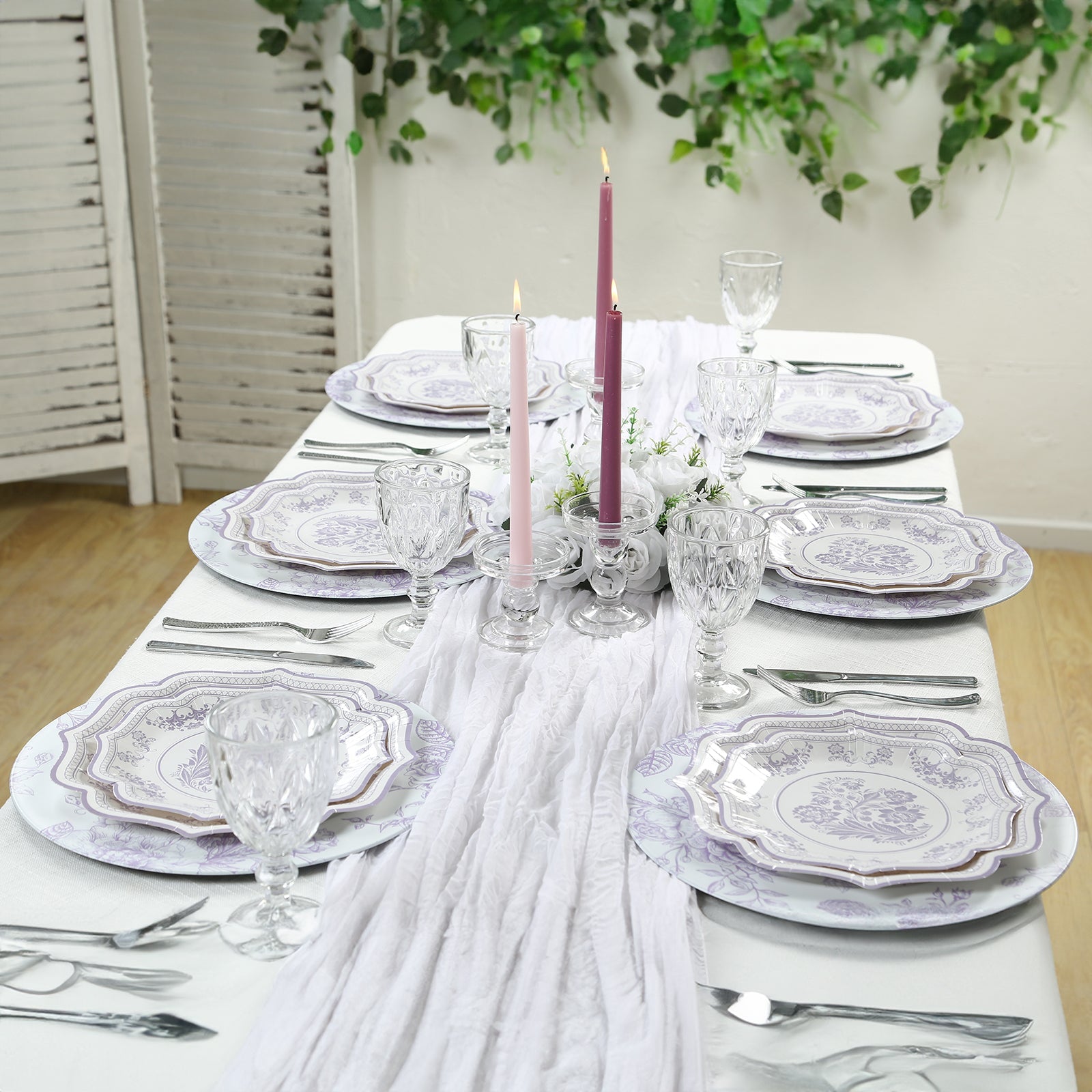 6 Pack Round Floral Acrylic Charger Plates in French Toile Pattern, 13 Matte Lavender and White Dinner Charger Event Tabletop Decor