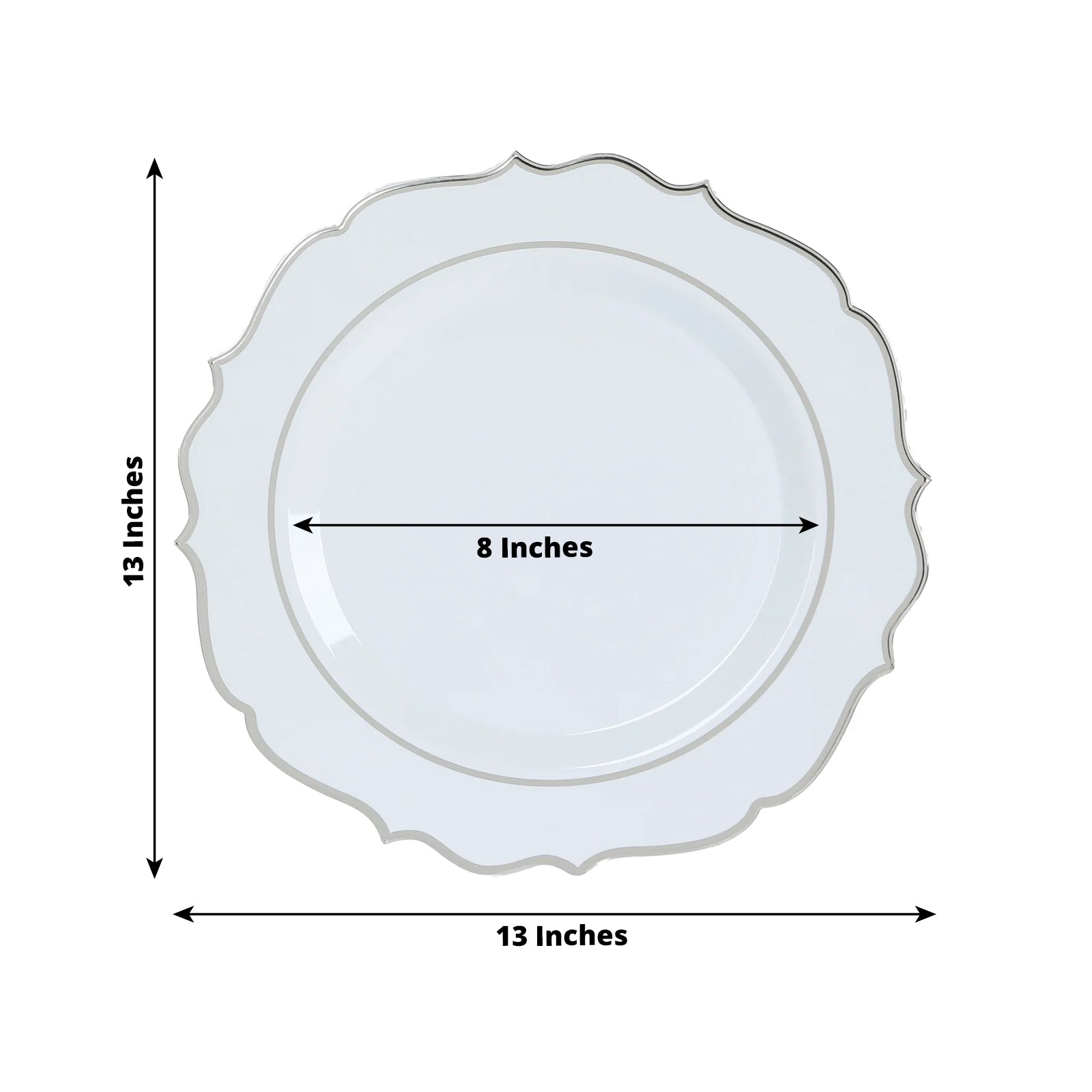 10-Pack Economy Plastic Round Charger Plates 13 in White with Silver Scalloped Rim, Decorative Dinner Party Serving Plates