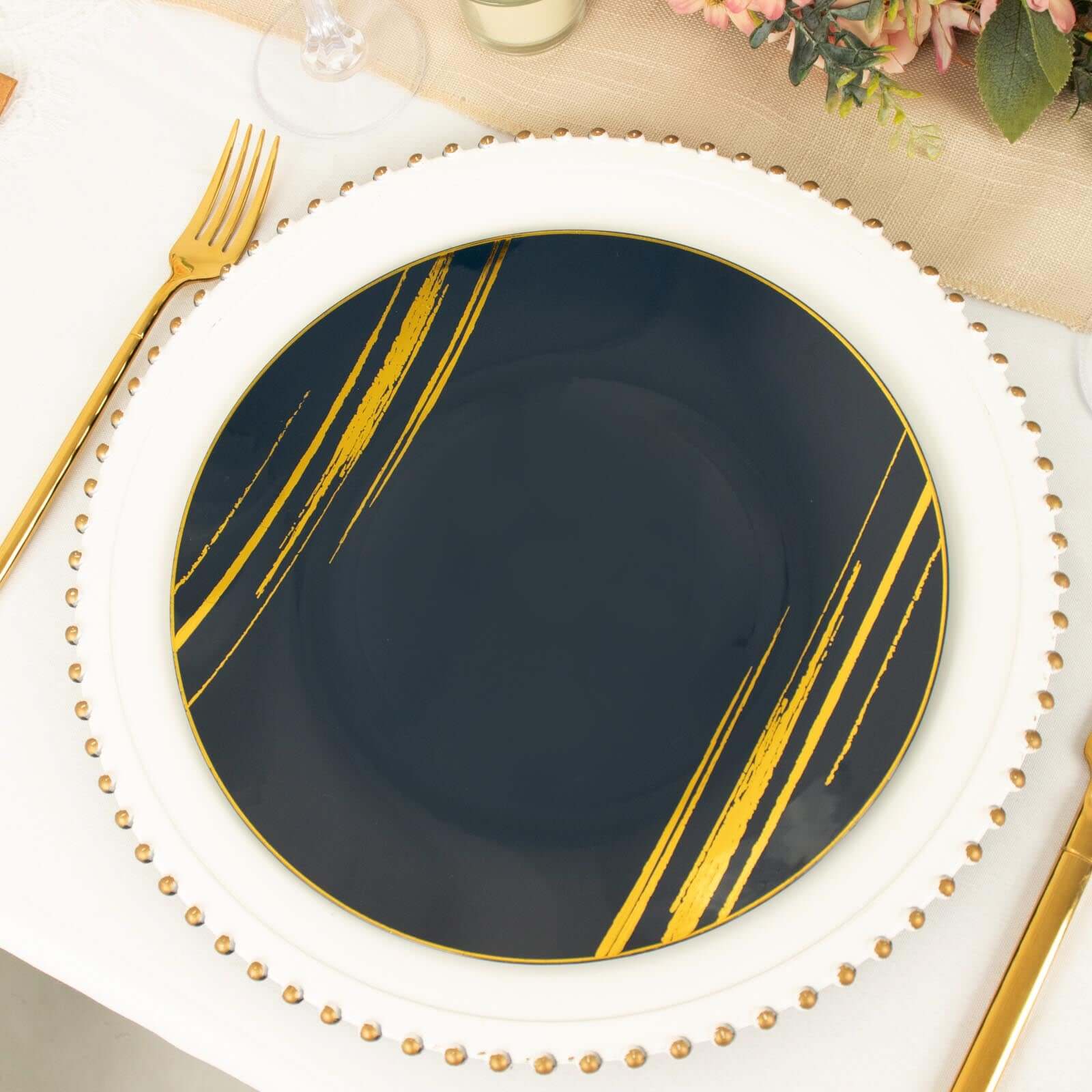 10-Pack Plastic 10 Round Dinner Plates in Navy Blue with Gold Brush Stroked Print - Disposable Party Dinnerware