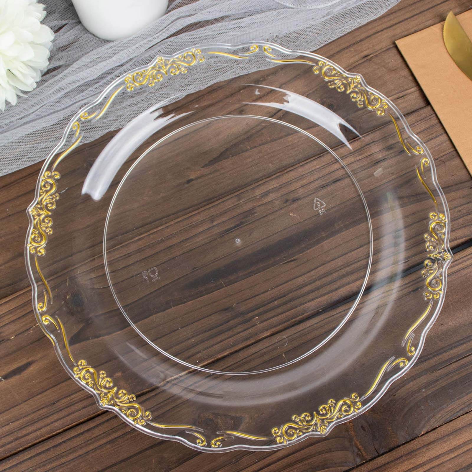 10-Pack Plastic 10 Round Dinner Plates in Clear with Gold Vintage Embossed Rim - Sturdy Disposable Scalloped Edge Party Plates for Sophisticated Events & Celebrations