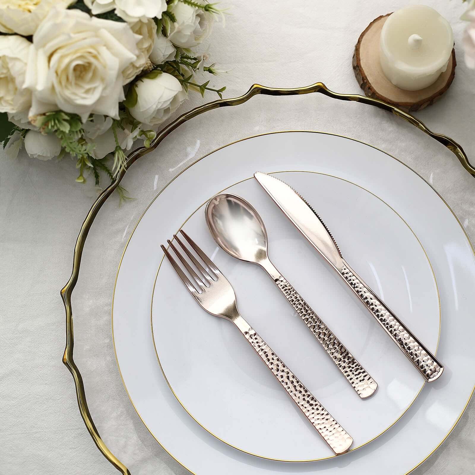 24-Pack Plastic Silverware Set with Hammered Design Rose Gold - Heavy Duty Disposable Utensils 7