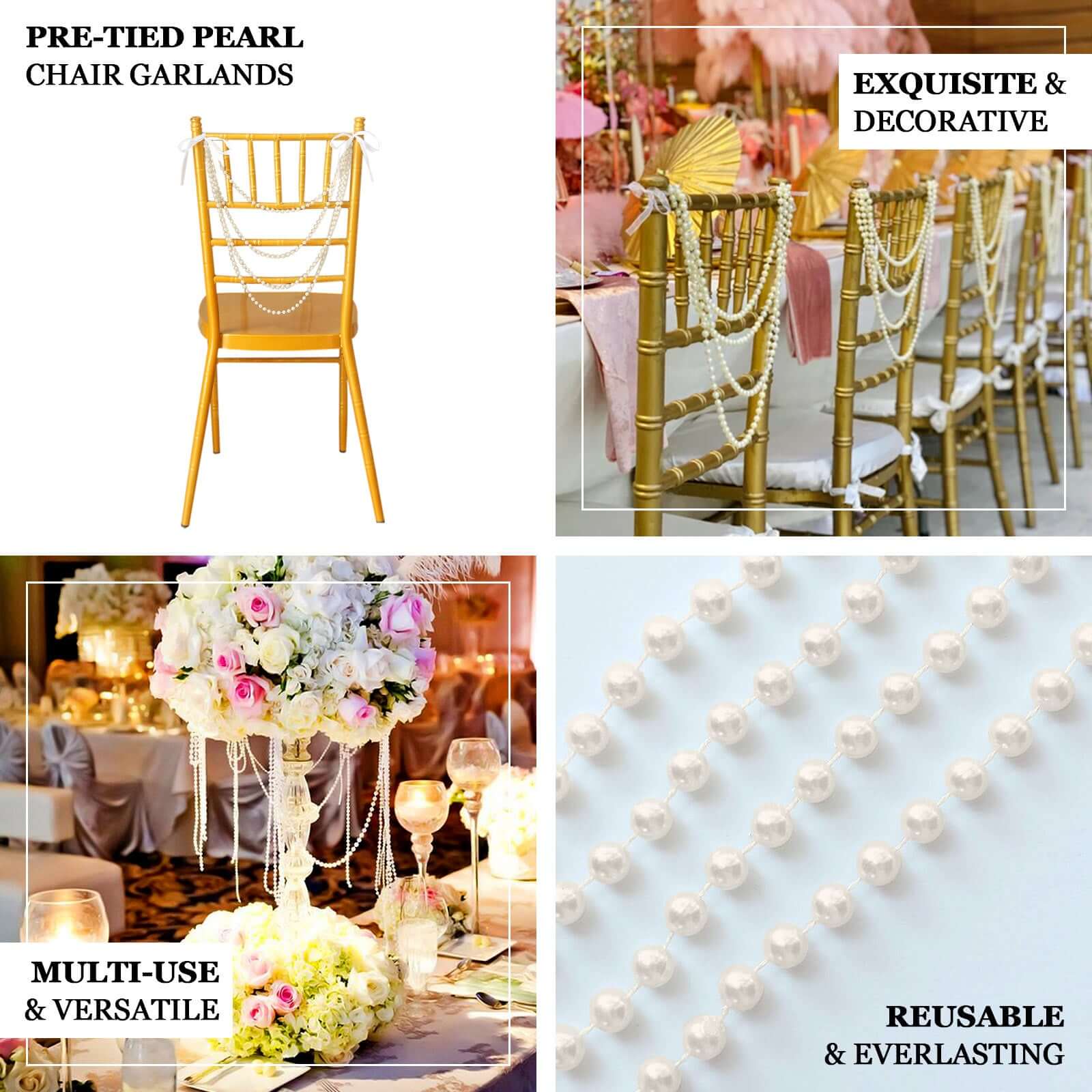 Faux Pearl Beaded 16 Chair Back Garland Sash Gold Gatsby-Inspired Style - Pre-Tied Chic Wedding Decor for Chiavari Chairs