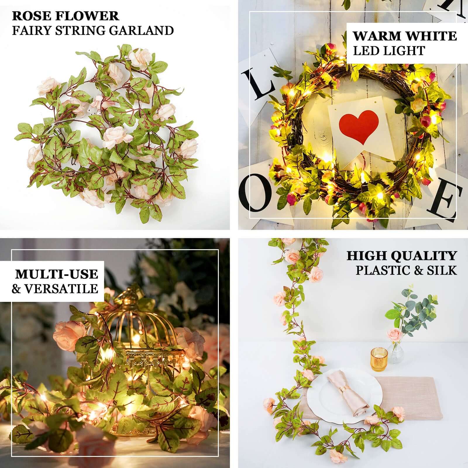 7ft 20 LED White Silk Rose Flower Garland Vine String Lights, Warm White Battery Operated