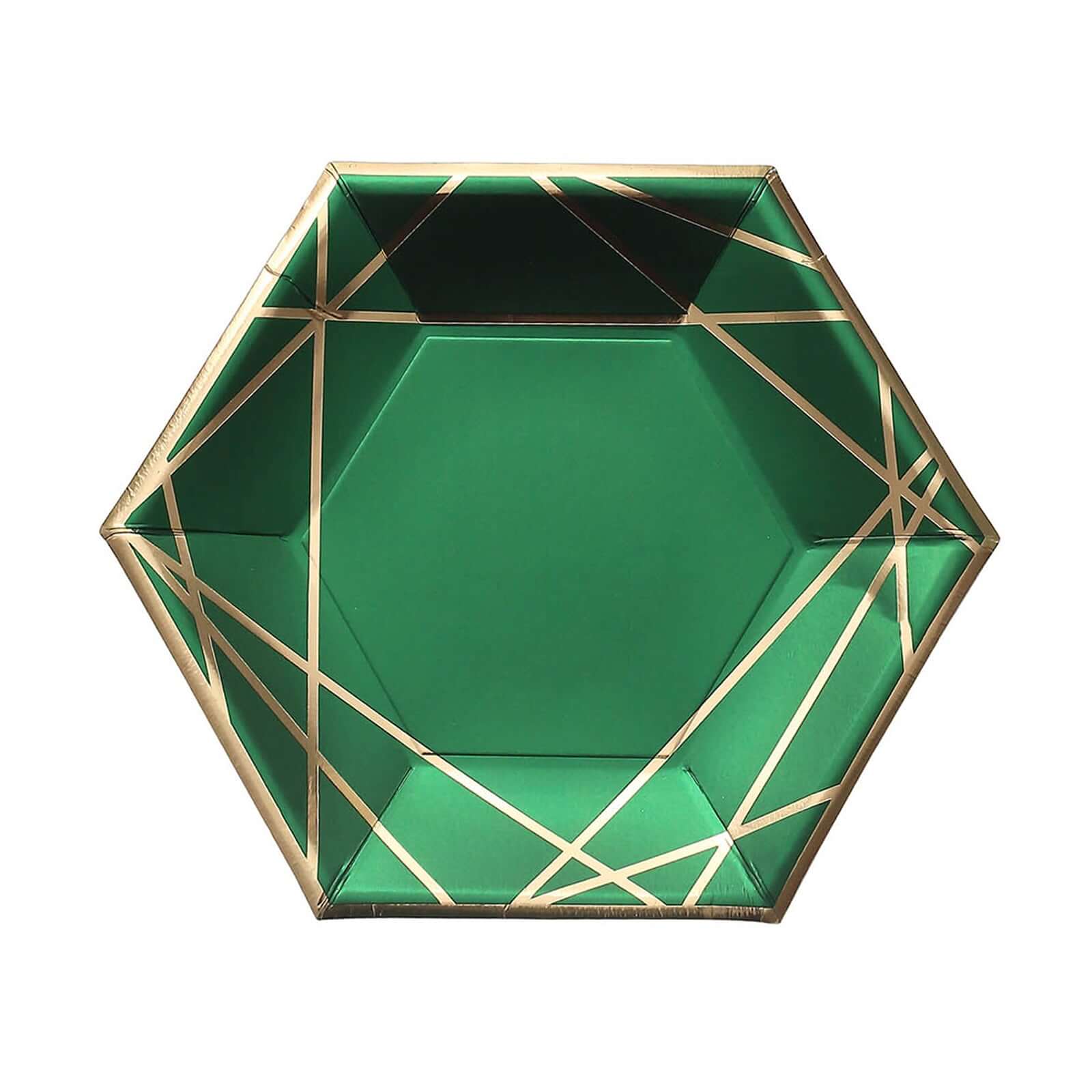 25-Pack Paper 7 Hexagon Dessert Plates in Hunter Emerald Green with Gold Geometric Lines & Rim - Stylish Disposable Geometric 300GSM Appetizer Salad Plates