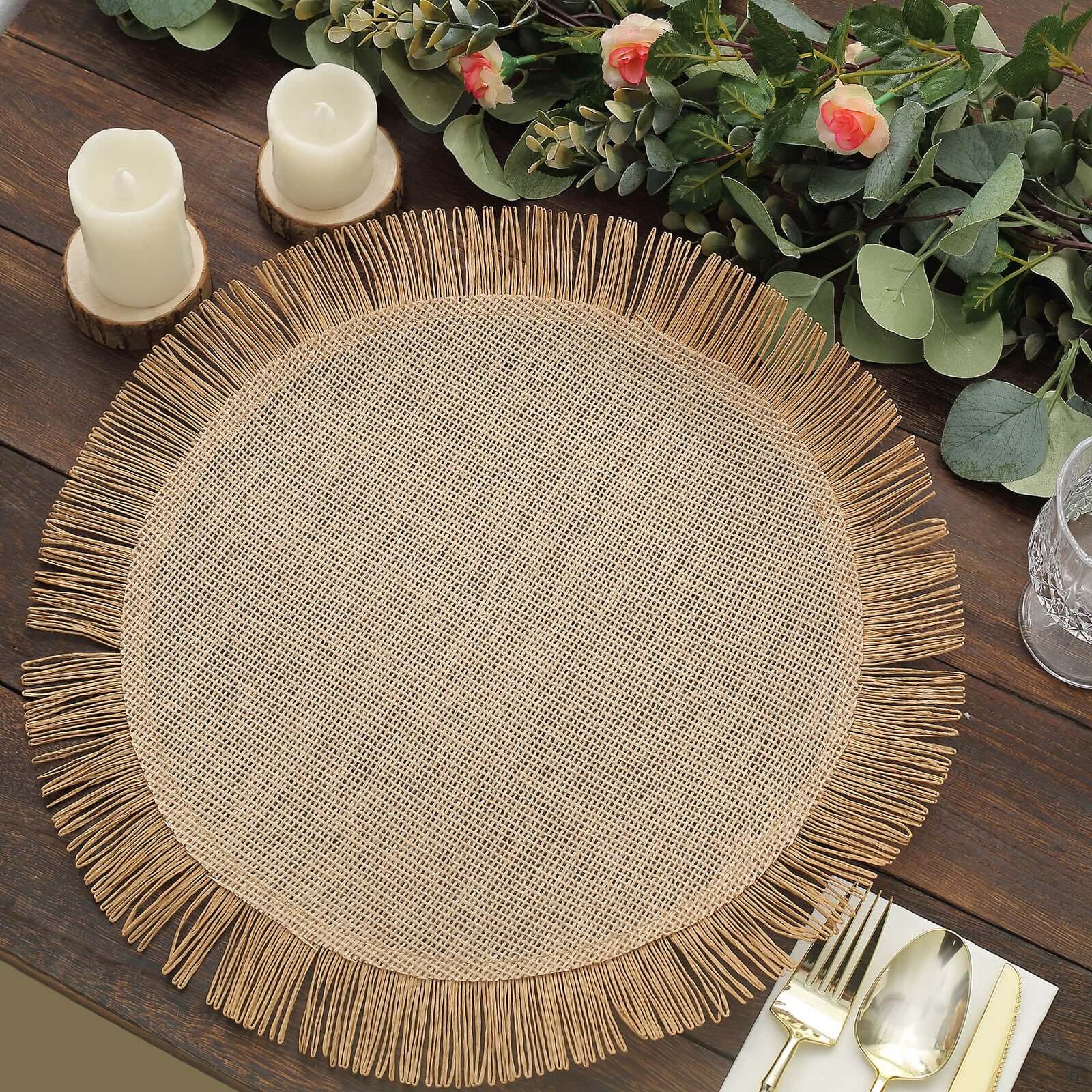 4-Pack Placemats Fringe Edge Design Natural Jute Round - Rustic Boho Chic Burlap Table Decor 16