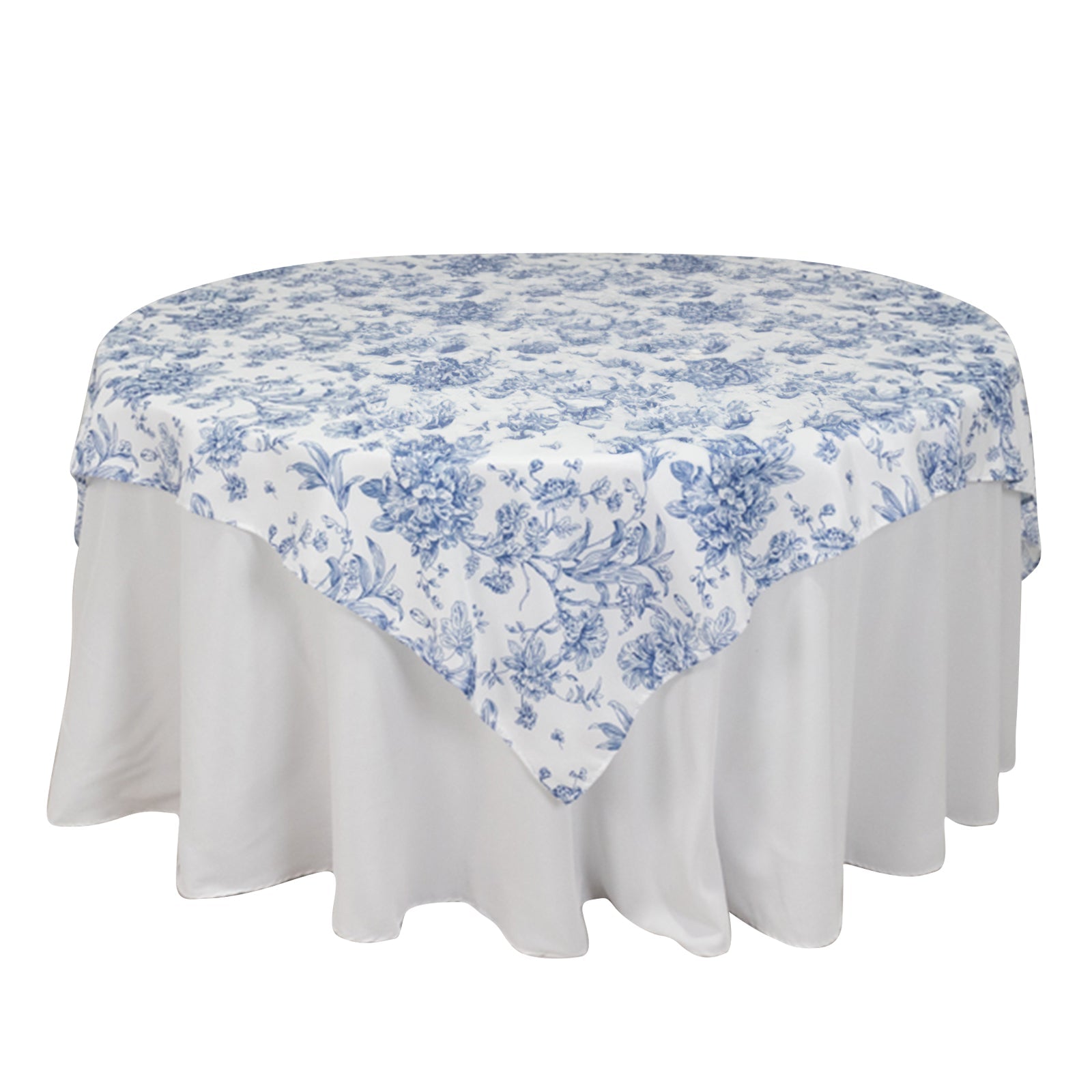 Polyester 70x70 Table Overlay White - Blue French Toile Pattern for Stylish Events