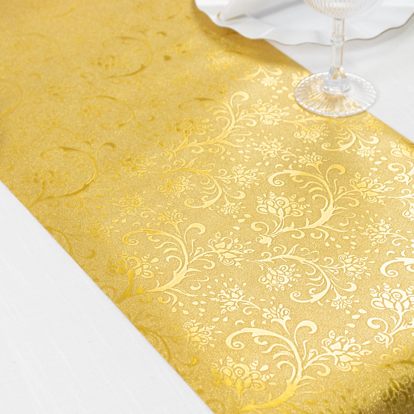 5 Pack Gold Glitter Paper Table Runners with Vintage Floral Vine Pattern - 10ft Disposable Wedding & Party Table Runners