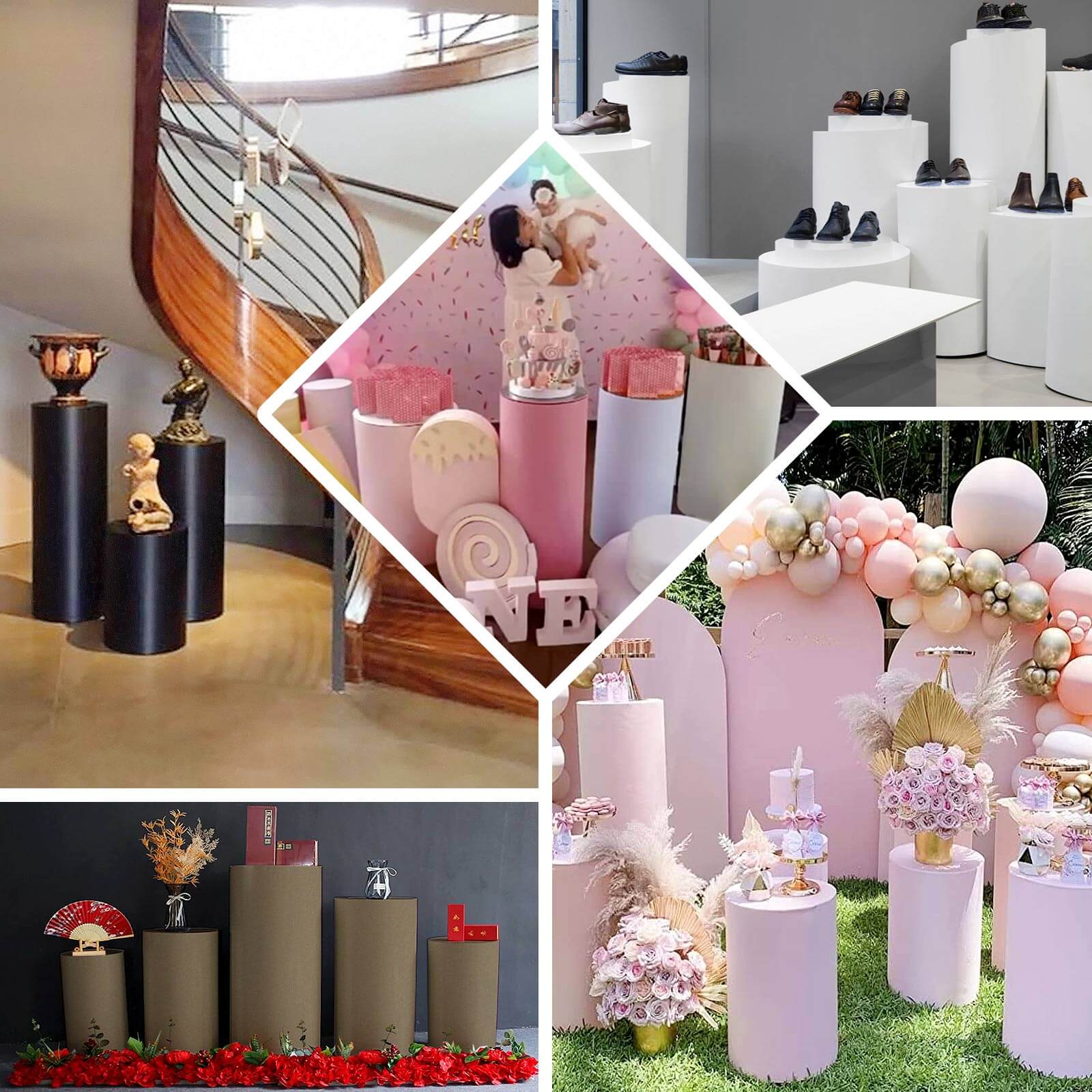 Set of 5 Dusty Rose Spandex Cylinder Pedestal Stand Covers, Stretchable Pillar Prop Covers - 160 GSM