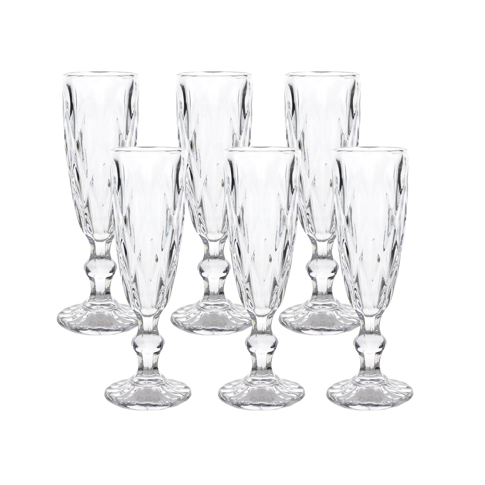 6-Pack Champagne Flute Glasses Clear Textured Crystal Cut Design - Chic Wine Goblets for Parties & Events 6oz 8