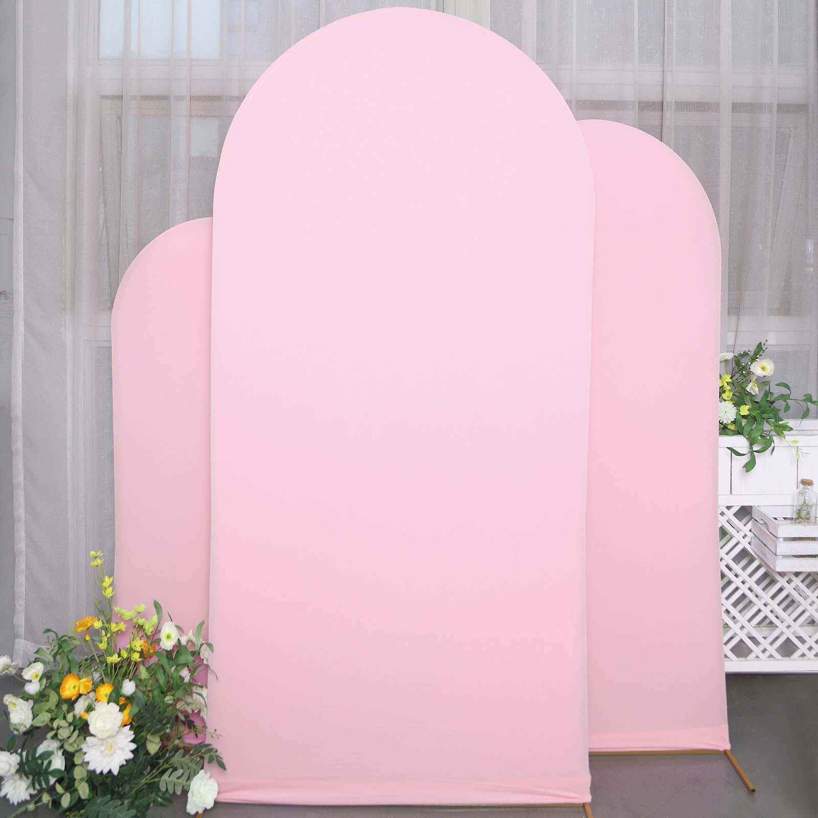 Set of 3 Matte Pink Spandex Fitted Chiara Backdrop Stand Cover For Round Top Wedding Arch - 5ft, 6ft, 7ft