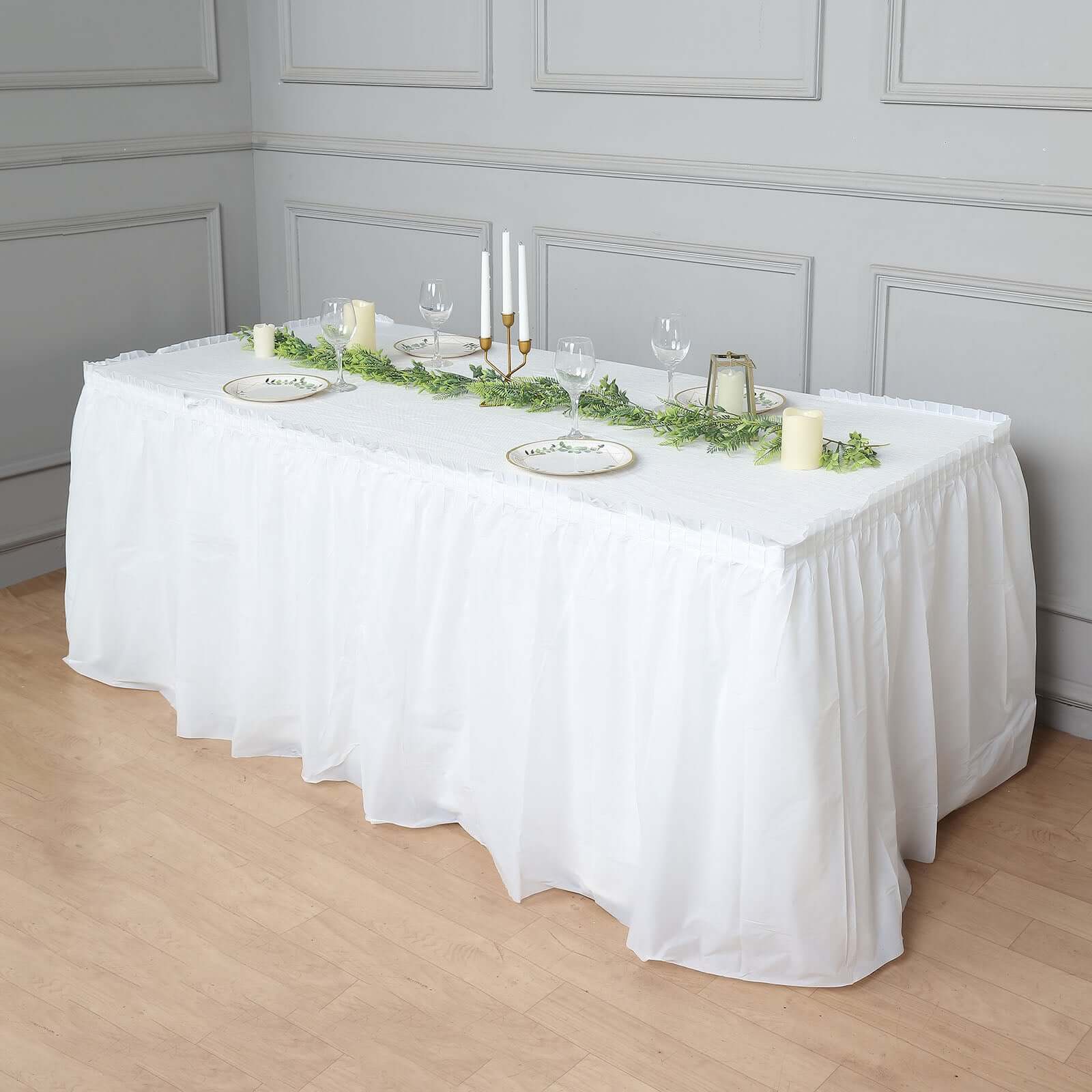 Plastic Table Skirt White Ruffled - Durable Disposable Skirt for Events 14ft