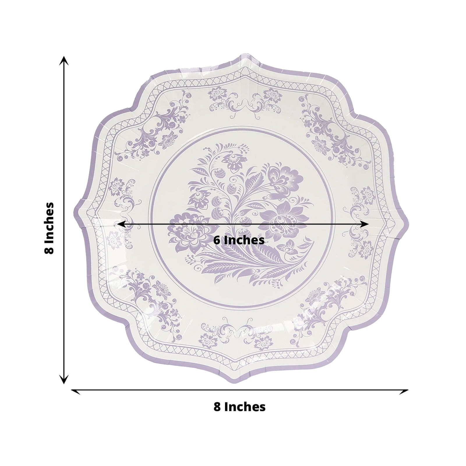 25-Pack Paper Dessert Plates in White with Lavender Lilac French Toile Print & Scallop Rim - Stylish Disposable 300GSM Floral Salad Appetizer Plates 8