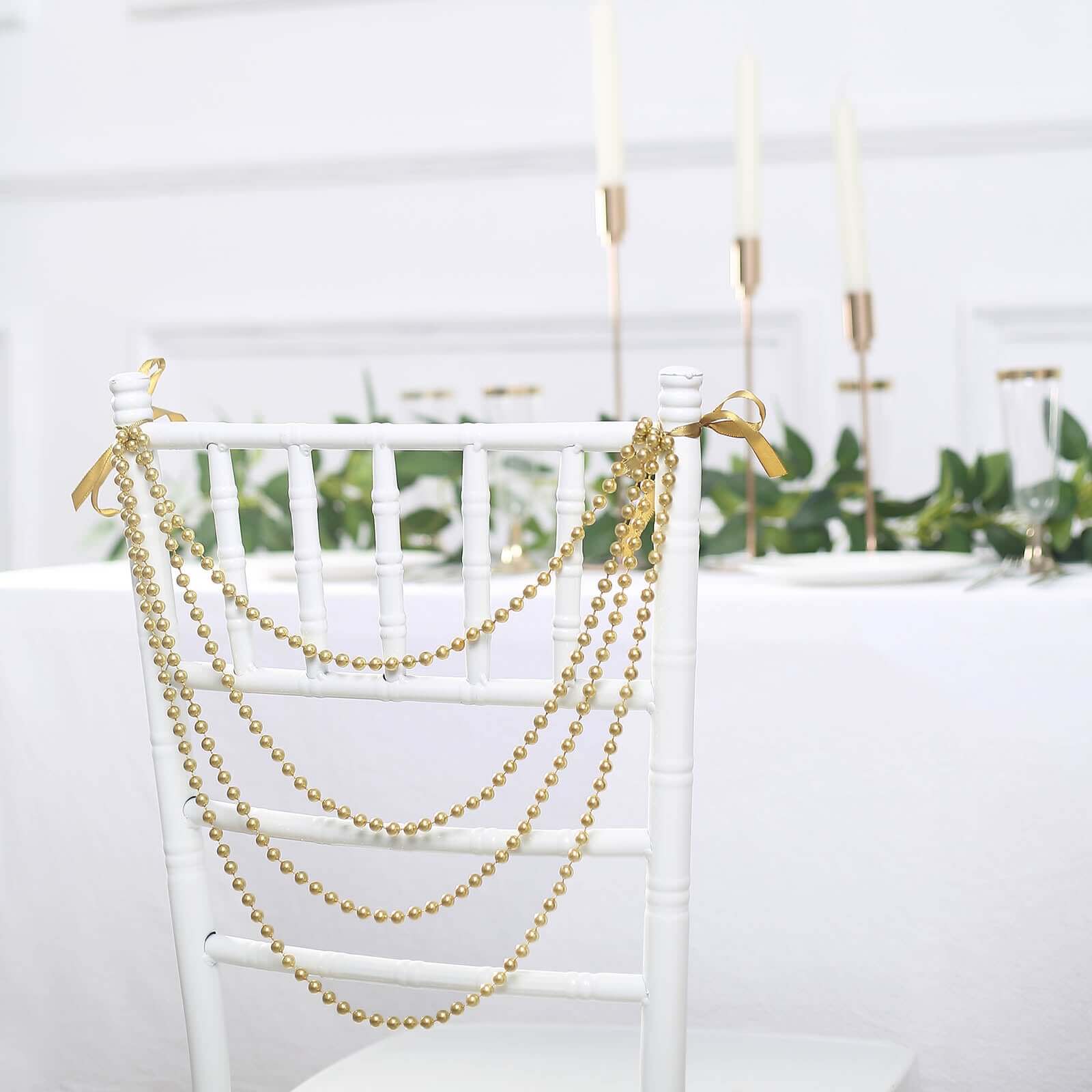 Faux Pearl Beaded 16 Chair Back Garland Sash Gold Gatsby-Inspired Style - Pre-Tied Chic Wedding Decor for Chiavari Chairs