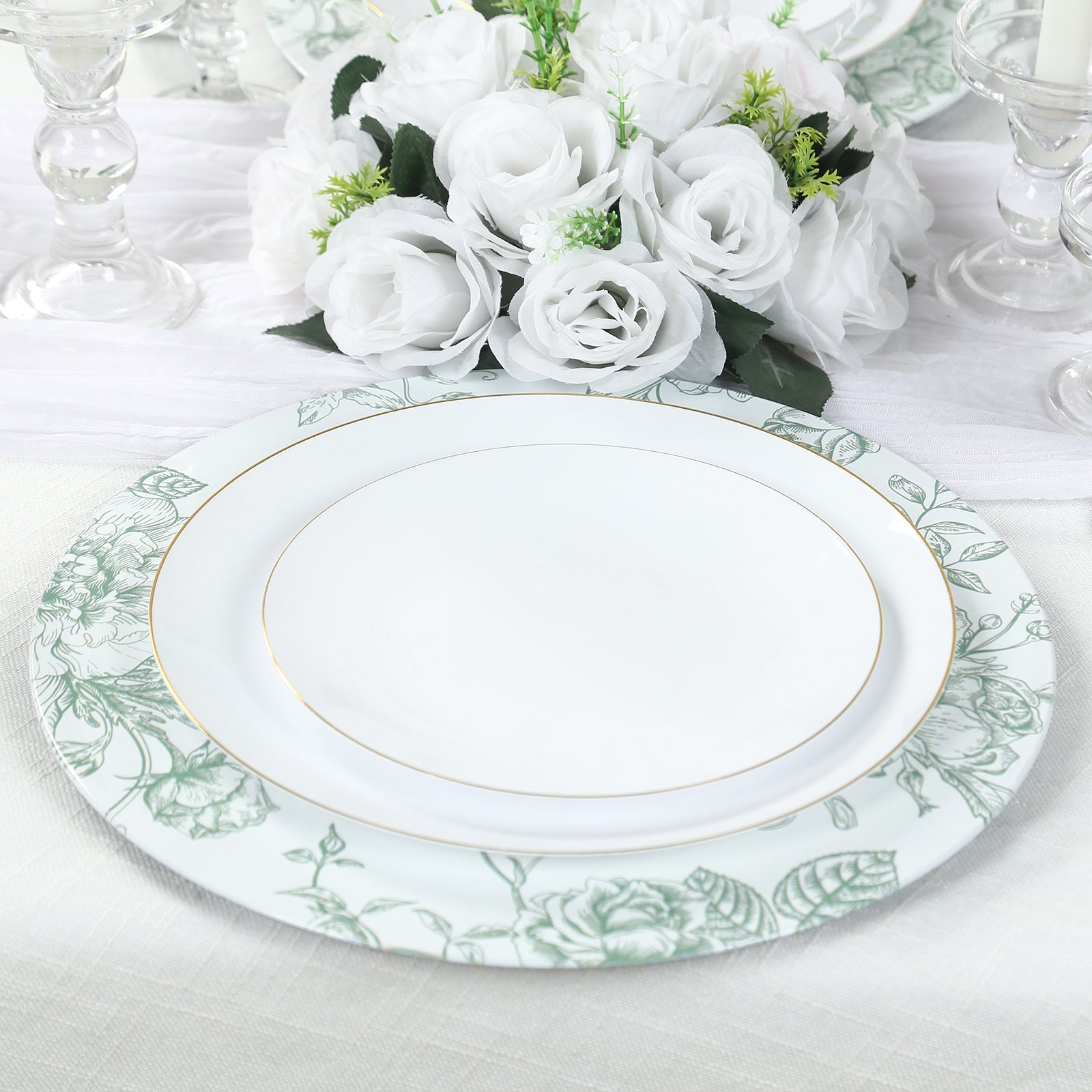 6 Pack Round Floral Acrylic Charger Plates in French Toile Pattern, 13 White Sage Green Dinner Charger Event Tabletop Decor