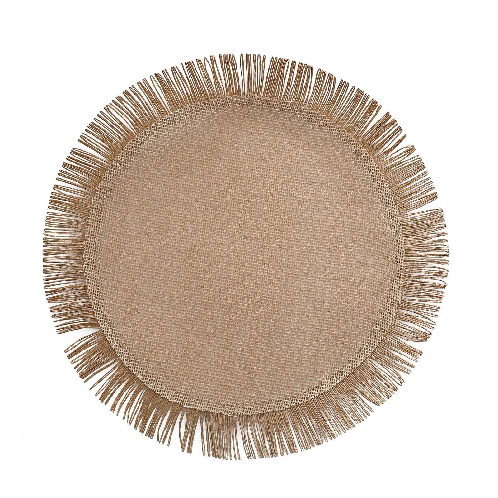 4-Pack Placemats Fringe Edge Design Natural Jute Round - Rustic Boho Chic Burlap Table Decor 16