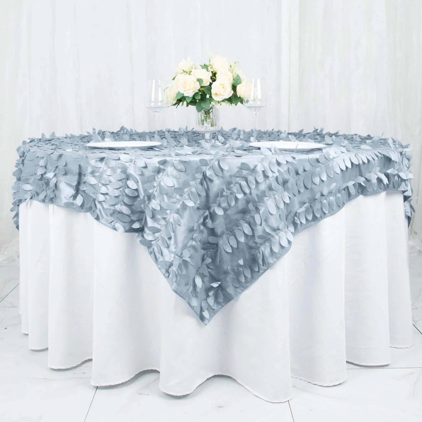 Taffeta 72x72 Table Overlay Square Tablecloth Dusty Blue - 3D Leaf Petal Table Cover